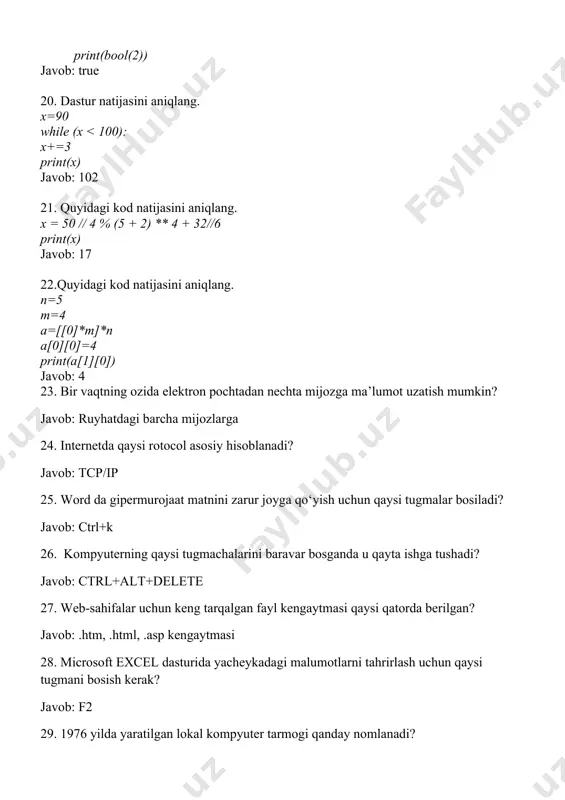 qiymatini toping javob: rost 100. 63238 va ab616 sonlar ayirmasini hisoblang. natijani ikkilik sanoq sistemasida tasvirlang javob: 10111100010012 1. ms wordda belgilarni avtomatik almashtirish qanday bajariadi? –glavnaya-zamenit buyrug’i orqali 2. kompyuter diskda yoki ixtiyoriy axborot tashuvchida joylashgan “.doc” kengaytmali faylga sichqonchani chap tugmasini ikki marta bosilsa qanday jarayon sodir bo’ladi?- microsoft word dasturi ishga tushiriladiva unga tanlangan hujjat yuklanadi. 3. f mulohaza uchun rostlik jadvali berilgan: k l m n o p f 0 1 0 0 1 1 1 1 1 0 1 0 1 1 0 0 1 0 1 0 0 1 1 0 1 0 1 1 f mulohaza uchun quyudagilardan qaysi biri mos keladi?- (k and l) or (m and n) or (o and p) 4.algoritm. quyudagi ax2+bx+c=0 ko’rinishdagi kvadrat tenglamaning yechimlarini topish algoritmiga mos blok-sxema berilgan. a=1, b=-2023, c=2022 bo’lsa, tenglama yechimini toping. boshlansin a,b,c kiritilsin x1= x2= x=- x chiqarilsin d=0 yechim yo’q …