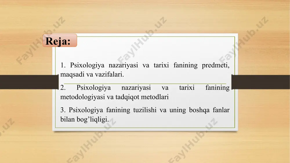 ojlanishi bilan boshlanadi. fikrlash, xohlash, his qilish, qobiliyatini ong deb atashgan. o’z-o’zini kuzatish asosiy metod hisoblangan. bu yo’nalish psixologiyada bundan 2500 yil oldin paydo bo’lgan. inson hayotidagi barcha narsalar tushun- chalarni, tushunarsiz hodisalarni jon, ruh bilan tushuntirishga harakat qilganlar. 9 3- bosqich psixologiya xulq-atvor haqidagi fan 4- bosqich psixologiya psixika-ning mexanizmlari, qonuniyat va faktlarini o’rganuvchi fan dunyoga materialistik nuqtai-nazardan qarash shakllangan. rossiya psixologiyasining asosida aks ettirish nazariyasi asosiy qonuniyat sifatida ko’rsatiladi. xix asrdan boshlanadi. psixologiyaning vazifasi ko’rgan narsalarni bevosita kuzatish, y’ani inson hulq-atvori va faoliyatiga bog’liq reaktsiyasi kuzatiladi. biroq bunda motivlarning o’rni hisobga olinmaydi. 10 xix asr vilgelm maks vundt psixologiyaning fan sifatida rivojlanishida nemis psixologi va fiziologi vilgelm vundt (1832-1920)ning xizmati katta bo’lib , u ilk bor maxsus tajribaviy sinov laboratoriyalarini tashkil etish mohiyatini ochib bergan. (1832–1920) ilk davrlarda psixologik xususiyatlarni jonning ishi deb tushuntirilgan. jonning o’zi esa odam tanasidagi maxsus ikkilamchi jism deb qaralgan. bunday tasavvurlar «animizm» deb …