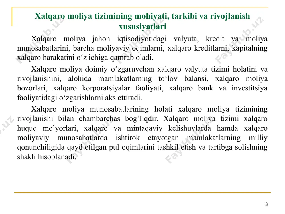 iy funktsiyalari sifatida quyidagilarni koʻrsatish mumkin: valyutalar ayriboshlash va hisob-kitob tizimi shartlarining birxillashuvi; valyuta kurslari rejimlarini tartiblashtirish va valyuta cheklovlarini tartibga solish; xalqaro valyuta likvidligini tartibga solish; kredit, sug’urta, investitsiya va fond operatsiyalari xalqaro qoidalarini birxillashtirish; mazkur funktsiyalarni amalga oshiruvchi va nazorat qiluvchi xalqaro moliya institutlarini tashkil etish. * zamonaviy moliya tizimi iqtisodiy sub’ektlar moliyaviy faoliyatini ta’minlashga yo’naltirilgan moliyaviy vositalar, mexanizmlar va tartiblar-qoidalar, oʻzaro bog’liq va birgalikda faoliyat yurituvchi institutlarning murakkab majmuasini oʻzida ifodalaydi. jahon iqtisodiy tizimining muhim tarkibiy qismi bo’lgan moliya tizimi doimiy oʻzgarish va rivojlanish jarayonida boʻladi. jahon iqtisodiyoti globallashuvining ta’sirini inobatga olgan holda, moliya tizimi rivojlanishining mezoni sifatida quyidagi institutsional oʻzgarishlarni qayd etish lozim: jahon moliya tizimining tranzaktsion xarajatlari hajmi; moliyaviy bozorlar va milliy moliya tizimlarining faoliyati toʻg’risidagi axborotning toʻliqligi; yagona ishlab chiqarish jarayoni doirasida global moliya tizimining faoliyat yuritish tamoyillari va usullarini amalga oshirish. * xalqaro moliya tizimi rivojlanishining quyidagi asosiy xususiyatlarini keltirish mumkin: jahon bozorining …