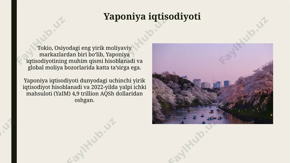 xida 794-yildan 1185-yilgacha davom etgan xeyan davri, kyoto shahrida imperatorlik saroyi joylashgan bo'lib, milliy madaniyatning yuksalishi bilan ajralib turdi. yaponiya siyosati yaponiyaning tinchlikparvar konstitutsiyasi, 1947-yilda qabul qilingan boʻlib, 9-moddasi mamlakatning harbiy kuchlarini saqlashni taqiqlaydi, ammo oʻz-oʻzini himoya qilish uchun minimal darajada qurolli kuchlarga ega. yaponiyaning osiyo-tinch okeani mintaqasidagi geosiyosiy ta'siri, aqsh bilan yaqin ittifoqdoshlik munosabatlari va xitoy bilan murakkab munosabatlar bilan tavsiflanadi, bu esa 21-asrda mintaqaviy barqarorlik uchun muhim omil hisoblanadi. yaponiya turizmi yaponiya hukumatining ma'lumotlariga ko'ra, sayyohlik sohasi mamlakat yaimining 4% dan ortiq qismini tashkil etadi va 3 milliondan ortiq ish o'rinlarini ta'minlaydi. yaponiyaning eng mashhur sayyohlik joylari orasida kyotodagi kiyomizu-dera ibodatxonasi, mount fuji milliy bog'i va tokyo disneylandi kiradi, yillik tashrif buyuruvchilar soni 15 milliondan oshadi. yaponiya san'ati yaponiyaning kioto shahrida joylashgan kiyomizu-dera ibodatxonasi 17-asrda qurilgan bo'lib, uning yog'och arxitekturasi va 3 ta qavatli minorasi bilan mashhur. ukiyo-e uslubidagi rangli yog'och taxtaga bosma rasmlar, masalan, xokusayning "36 ta …