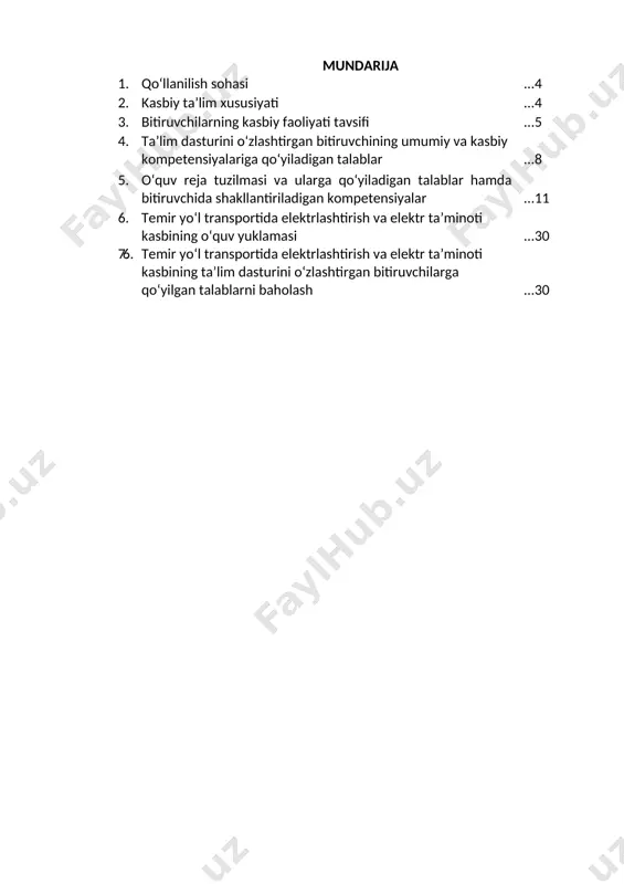 har tomonlama tez fikrlash va faraz qilish, yorug‘likni sezish, faol va tez xotirlash, harakat xotirasi va moslashuvchanlik. 2.3. ta’limni davom ettirish imkoniyatlari. temir yo‘l transportida elektr ta’minoti mutaxassisligi bitiruvchisi keyinchalik kasbiy ta’limini chuqurlashtirish maqsadida: kadrlar malakasini oshirish tizimida, tarmoq o‘quv muassasalarida va maxsus kurslarida malakani oshirishi; kasbiy faoliyatning tegishli sohasida yanada yuqoriroq malakaga erish maqsadida oliy ta’lim muassasasida o‘qishni davom ettirishi mumkin. 2.4. o‘qishga qabul shartlari. o‘qishga qabul shartlari amaldagi qonunchilik asosida amalga oshiriladi. 3. bitiruvchilarning kasbiy faoliyati tavsifi 3.1. bitiruvchining kasbiy faoliyat sohasi: temir yo‘l transportida qo‘llaniladigan elektr ta’minoti qurilmalariga jihozlariga, uskunalariga texnik xizmat ko‘rsatish va ta’mirlash ishlarini mehnat muhofazasi va elektr xavfsizligi qoidalariga amal qilgan holda bajarish. 3.2. bitiruvchining kasbiy faoliyat ob’ektlari: 3.2.1. tortish podstansiyasi elektromontyori kvalifikatsiyasi bo‘yicha: taqsimlash qurilmalarining izolyatorlari va tok o‘tkazuvchi shinalari; quvvat, o‘lchov transformotorlari; taqsimlash apparatlarini kommutatsiya va ximoyalash apparatlari; transformatorli podstansiyalar va taqsimlash qurilmalari; tortuv podstansiyaning elektr releli va avtomatika tizimlari; tortuv podstansiyaningo‘z …