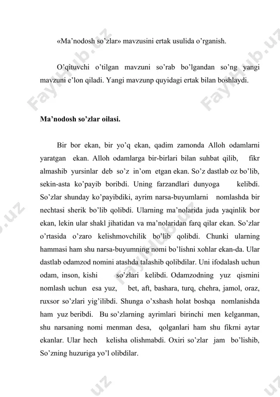 y ma’noda qo’llanasizlar. oralaringda yuz so’zi ko’proq ko’llanadi. unda ijobiy ma’no ham salbiy mano ham sezilmaydi. mana, ko’ryapsizlarmi, sizlar shu narsaning nomi bo’lishga haqlisizlar, lekin turlicha ma’noda qo’llanasizlar. shuning uchun sizlarni bir oila deb hisoblaymiz. oilangiz nomini ma’nolaring yaqin bo’lganligi uchun ma’nodosh so’zlar deb ataymiz. oralaringizdan bir kishini boshliq qilib tayinlaymiz. uni bosh so’z deb ataymiz. menimcha, yuz so’zi boshliq bo’lshpga haqli. qani, yuz so’zi do’stlaringni boshla, ahil-inoq bo’lib yashayveringlar. odamlar sizlarni kerak paytda yuzlari qo’llayveradilar. sizlar ham, odamzod nomini atash uchun yig’ilganlar, odam so’zini boshliq qilib, ahil hayot kechiraveringlar. huzurimga yig’ilgan barcha farzandlarim, sizlar ham shu tarzda hayot kechiraveringlar. sizlarni qo’llash va tanlab ishlatish odamlarning o’ziga havola. xayr, salomat bo’linglar. so’zlar so’zning aytganlariga rozi bo’lib, orqalariga qaytishibdi. ular shundan beri oila-oila bo’lib, do’st bo’lib yashar ekanlar. har bir oilada bosh so’z bo’lib, u do’stlariga yo’l boshlab yurar ekan, kerakli o’rinlarga do’stlarini jo’natar ekan. bu oilaga zid ma’noli so’zlarning juda …