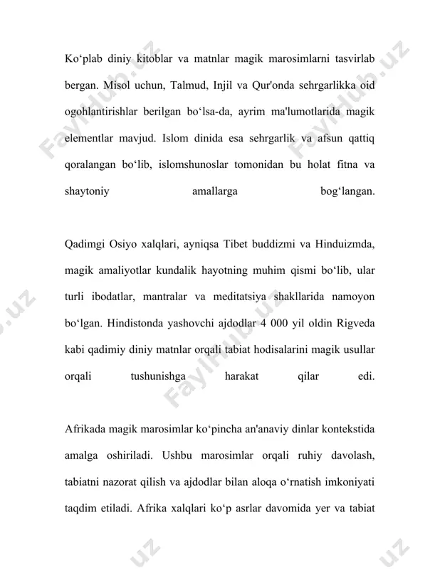 n rangli kukunlar bo'lib, ular ruhiy himoya va marosimiy poklikni ifodalaydi. - **agarbatti (xushbo'y cho'plar):** bu cho’plar yoga va meditatsiya vaqti sham yoqilganda xushbo'y tutatqi beradi. ular marosimlarga bag’ishlangan muhitni yaratishda ishlatiladi. 3. **islom dinidagi atributlar:** - **tasbeh:** sanoqli boncuklar zanjiri bo'lib, zikr uchun ishlatiladi. ular odatda 33, 66 yoki 99 ta boncuklardan iborat bo'lib, islomiy zikrlar, masalan, "subhanallah", "alhamdulillah", "allahu akbar" kabi iboralarni takrorlash uchun ishlatiladi. - **misvak:** tish tozalash uchun ishlatiladigan tabiiy cho’tka bo’lib, islomda sunnat deb hisoblanadi va bu marosimiy poklik uchun yuqori qiymatga ega. 4. **yahudiy dinidagi atributlar:** - **menorah:** yetti yoki to’qqiz shamli ibodat shamdan iborat bo’lib, yahudiy marosimlarida, xususan xonuka bayramida ishlatiladi. - **tallit:** ibog'liq vaqt ibodatida kiyiniladigan zam shag'ap bo’lib, ibodatchiga diniy majburiyatini eslatib, 'to'rt burchi' bo’ylab iplar ishlatiladi. 5. **xristian dinidagi atributlar:** - **xoch:** xristian dinidagi eng muhim diniy ramz xilma-xil marosimlarda, jumladan suvga cho'mish va ibodatlarda ishlatiladi. - **muqaddas suv:** kalit …