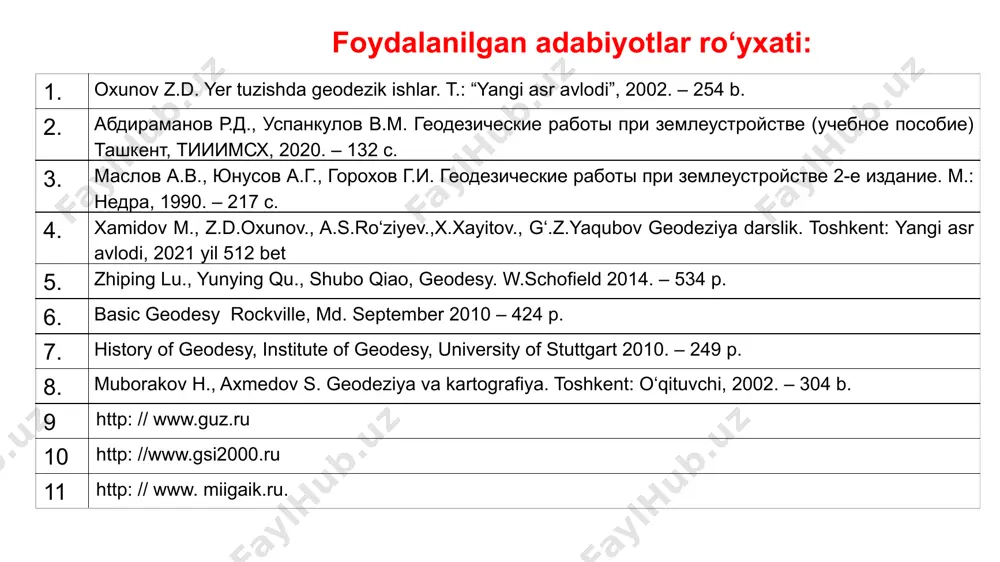di. uning maʼlumotlaridan yer egalariga soliq solish, yerdan foydalanish bilan bogʻliq boʻlgan tijorat ishlarini tartibga solish, yer boʻyicha bitishuv va nizolarni hal etish, yerni garovga qoʻyish va b. da foydalaniladi. oʻzbekiston respublikasida yer uchastkalariga bulgan huquqlarni davlat roʻyxatiga olish va yerlarni miqdoriy va sifatini hisobga olish yer resurslari davlat qoʻmitasi tomonidan qabul qilingan nizomlar va meʼyoriy hujjatlar asosida amalga oshiriladi. geodeziya ishlarining bosqichlari kompaniyamizda geodeziya ishlarini tashkil etish o'ziga xos nozikliklarga ega: vazifalarni bajarish metodologiyasi, muayyan asboblardan foydalanish yoki o'lchovlarning aniqligi. aksariyat hollarda harakatlar algoritmi o'zgarishsiz qoladi. biz geodeziya ishlarini uch bosqichda olib boramiz: tayyorgarlik (shartnoma tuzish, xizmatlar narxini hisoblash, buyurtma tafsilotlarini o'rganish, kerakli qurilmalarni tanlash, mavjud hujjatlarni o'rganish); dala ishlari (biz hududga boramiz, mos yozuvlar nuqtalarini o'rnatamiz, hududni yoki ob'ektni o'rganamiz); kameral geodeziya ishlari (qabul qilingan ma'lumotlarni tahlil qilamiz, hisob-kitoblarni qilamiz, moslashtiramiz, texnik hujjatlar va chizmalarni tuzamiz). geodeziya ishlari olib borilgandan so'ng biz texnik hisobot tuzamiz. xaridor uni qog'oz …