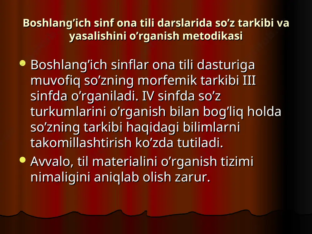 arning xususiyatlari va barcha morfemalarning mohiyati bilan tanishtirish. bu bosqichning asosiy o’quv vazifasi – so’zlarning ma’noli qismlari sifatida o’zak, so’z yasovchi va shakl yasovchi qo’shimchalar bilan tanishtirish, “o’zakdosh so’zlar” tushunchasini shakllantirish, bir xil o’zakli so’zlarda o’zakning bir xil yozilishini kuzatish hisoblanadi. so’z turkumlarini o’rgatish so’z turkumlarini o’rganish jarayonida o’qituvchi o’quvchilarga so’z yasalishi asoslarini, so’z yasovchi qo’shimcha yordamida bir so’z turkumidan boshqasini yoki shu so’z turkumining o’zini yasash mumkinligini tushuntiradi. masalan, ot ko’proq boshqa bir otdan (ishchi, baliqchi; sinfdosh, sirdosh; bog’bon, oshpaz, kitobxon, zargar), shuningdek, fe’ldan (elak, kurak, yutuq, o’roq, yotoq, terim, bilim); sifat ko’proq otdan (suvli, suvsiz; yozgi, qishki, ishchan, ishli, ishsiz), shuningdek, fe’ldan (maqtanchoq, o’tkir, sezgir); fe’llar otdan (ishla, gulla, gapir), sifatdan (oqla, yaxshila, oqar, qoray) yasaladi. o’quvchilarni so’z yasalish xususiyatlarini tushunishga tayyorlash uchun o’qituvchi ularga muayyan bir yangi so’z qaysi so’zdan va qaysi morfema yordamida yasalganini aniqlashga qaratilgan topshiriq beradi. masalan, o’qituvchi chegara otini aytadi va chegarani qo’riqlaydigan …