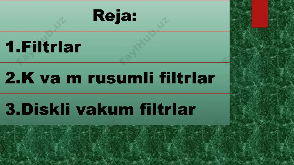 igi past. yuqorida qayd etilgan materiallardan tashqari filtrlovchi to‘siqlar sifatida metall-matolar, to‘rlar hamda sopol, shisha va gralitdan yasalgan list-plitkalar ham ishlatiladi. suzgich to‘sig‘i sifatida ishlatiladigan mato awal laboratoriya sinovidan o‘tkaziladi. bunda uning qanday suspenziyani liltrlashga (cho‘kma yoki suyuqlik olishga) mo‘ljallanganligi, xususiyati (vodorod ko‘rsatkich, harorat), zarrachalarning agregatlanishi, zarrachalarning o‘lchami va shakli hamda liltrning turi e’tiborga olinadi. filtrning tuzilishi matoning xususiyatlari: cho‘zilishga mustahkamlik, egilishga va ishqalanishga chidamlilik, gardish shaklini hamda zichlantirish xususiyatlarini belgilab beradi. filtrlar ichida barabanli vakuum-filtrlar sanoatda ko‘proq qo‘llaniladi. ularning afzalligi shundaki, filtrlash jarayoni uzluksiz olib boriladi va cho'kmani filtrning o‘zida yuvish mumkin. nisbatan murakkab tuzilganligi va sikldagi ayrim operatsiyalarni ixtiyoriy ravishda keng oraliqda o‘zgartirib bo'lmaslik ularning kamchiligi hisoblanadi. shuning uchun suspenziyaning xossalarini doim birdek ushlab turishga to‘g‘ri keladi. bu filtlar yuqori dispers suspenziyalami suzishga yaramaydi.filtr yon tomonlari parmalab teshilgan ichi havol barabandan iborat bo‘lib, uning ichki tomoni uyachalar shaklida to‘g‘ri burchakli uchastkalarga bo'lingan. baraban sirti awal metall to‘r, so‘ngra …