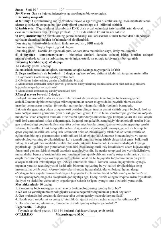 ant dnk olish ketma-ketligini gapirib bering 4.gen muhandisligida amalga oshiriladigan ishlar bosqichlari.. 3.yangi mavzu bayoni:15 daqiqa gen muhandisligi usullari orqali irsiyati ozgartirilgan o‘simliklarda esa faqat inson manfaatlariga mos keladigan belgi xossalar mujassamlashgan bo‘ladi. muayyan bir genni hujayraga kiritish uchun tuproq bakteriyasi agrobakterium hujayrasidagi plazmiddan foydalaniladi. agrobacterium tumefaciens – tuproq bakteriyasi shish hosil qilish xususiyatiga ega. bu xususiyati ti-plazmid deb ataladigan plazmida bilan bog‘liq. o‘simlik zararlanganidan so‘ng ti-plazmidaning bir qismi o‘simlik hujayralariga kiradi. zararlangan o‘simlik tanasidagi hujayralar pala-partish bo‘linishi natijasida shish hosil bo‘ladi. bu shishni ti (ti-ay) plasmid genomining t-dnk bo‘lagi chaqiradi .buning sababi t-dnk o‘simlik hujayrasi genomiga birikishi va uning xususiyatini buzishidir. t-dnkning bu xususiyatidan gen muhandis ligida keng foydalaniladi. o‘simlik irsiyatini gen muhandisligi usuli bilan o‘zgartirish uchun plazmidning t-dnk qismi maxsus restriktaza bilan kesib olinadi va pbr 322 plazmidasiga ko‘chirib o‘tkaziladinatijada t-dnk shish chaqirish qobiliyatini yo‘qotadi, chunki yot gen t-dnkni ikki bo‘lakka bo‘lib yuborgan. tarkibida t-dnk va yot genga …