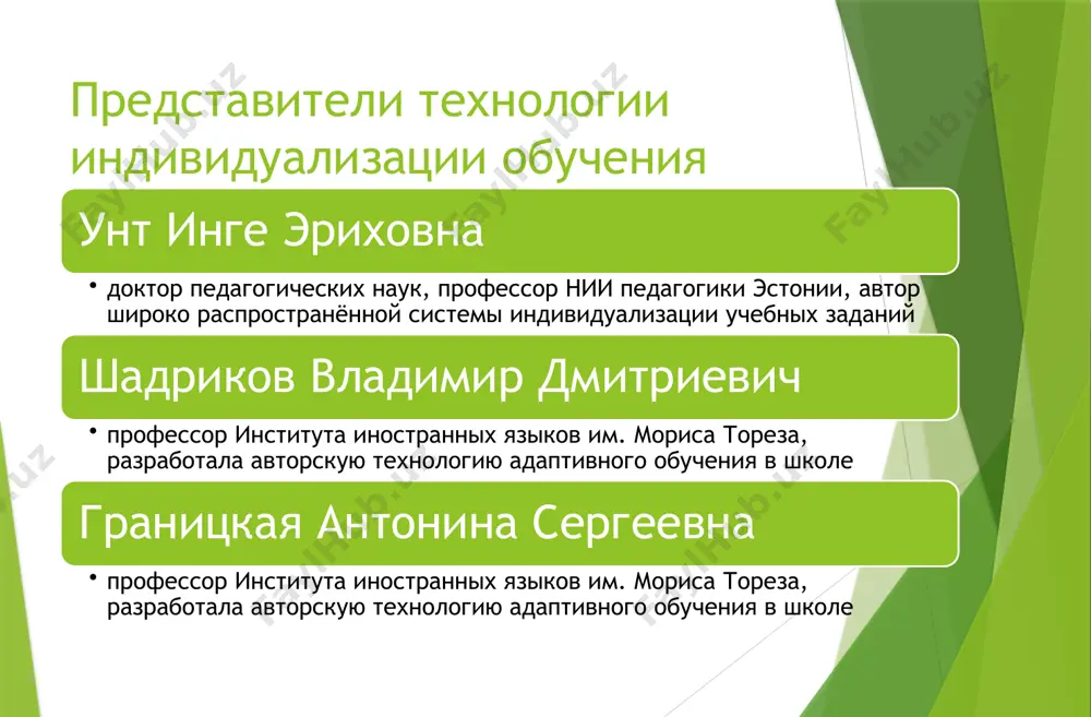 го плана в.д.шадрикова характеристики технологий индивидуализации обучения методологический подход: индивидуальный, личностно ориентированный, задачный, деятельностный тип управления учебно-воспитательным процессом: система «репетитор» философская основа: гуманистическая, антропологистская, природосообразная вид социально-педагогической деятельности: поддержки (сопровождения) ведущие факторы развития: комплексные: био-, социо- и психогенные уровень и характер применения: по области применения — все уровни, по характеру — микротехнология, проникающая характер содержания: обучающий, светский, гуманитарный, общеобразовательный, личностно ориентированный + дидактоцентрический гипотеза и.э. унт в современных условиях главная форма индивидуализации обучения — самостоятельная работа ученика в школе и дома image1.png image2.jpg image3.jpg image4.png /docprops/thumbnail.jpeg