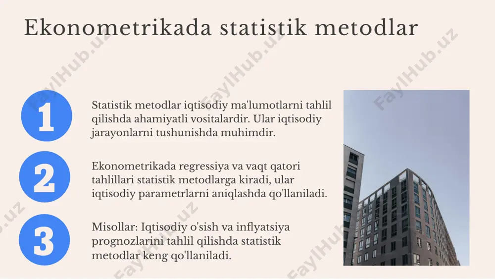 dlar esa ma'lumotlarni tahlil qilishda ehtimollarga asoslanadi, iqtisodiy jarayonlarni tushunishga yordam beradi. statistik tahlil va ehtimollar nazariyasi statistik tahlil jarayonida ehtimollar nazariyasi natijalarni tushuntirishda yordam beradi. ma'lumotlar ko'rsatkichlari ehtimollar orqali baholanadi, bu tahlilning ishonchliligini oshiradi. ehtimollar nazariyasi, shuningdek, statistik xatolarni aniqlashda muhim rol o'ynaydi. iqtisodiy ma'lumotlarni tahlil qilishda roli iqtisodiy ma'lumotlarni tahlil qilishda ehtimollar nazariyasi iqtisodiy ko'rsatkichlar o'zgarishini oldindan aytishda yordam beradi. masalan, iqtisodiy o'sish yoki inflyatsiya haqida bashoratlar tayyorlashda ehtimollar nazariyasi asosiy vositadir. 01. 02. 03. ehtimollar nazariyasi iqtisodiy prognozlar va qaror qabul qilish jarayonlarida muhim rol o'ynaydi. ushbu nazariyaning amaliy misollari: 1. iqtisodiy prognozlar - bozor tendensiyalarini aniqlashda yordam beradi. 2. risklarni baholash - investitsiya qarorlarini optimallashtirishda qo'llaniladi. 3. iqtisodiy modellarni yaratishda ehtimollar nazariyasi yordamida yanada aniqroq natijalarga erishiladi. ehtimollar nazariyasining amaliy misollari matematik statistika va iqtisodiy tahlil matematik statistika iqtisodiy tahlilning asosiy vositasi bo'lib, u iqtisodiy ko'rsatkichlarni tahlil qilish va prognoz qilishda muhim rol o'ynaydi. bu, iqtisodiy …
