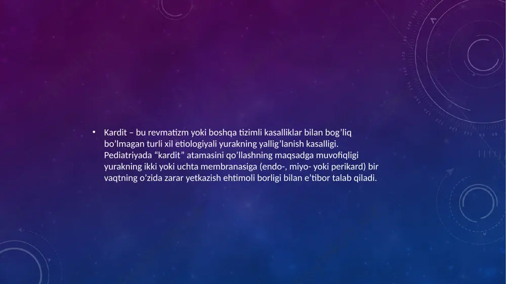 ivojlanishi faqat oxirida boʻladi. uning asosida genetik determinirlangan virusga qarshi immunitet nuqsoni yotadi. oʻtkir va surunkali kardit patogenezi turlicha. oʻtkir karditda infeksion omil (boshlovchi omil) taʼsiri ahamiyata ega, yalligʻlanish mediatorlarini ajratish, gipersezuvchanlik reaksiyasining yuqori boʻlishi va hujayra infiltratsiyasi tomirlar devorlarini shikastlaydi. autoallergiya kasallikning oʻtkir kechishida faqat komponent boʻlishi mumkin, lekin yetakchi emas. immun komplekslarning turli tuzilishi, ular oʻlchamlari, joylashish joyi va miokardning reparativ reaksiyalari turli-tumanligi sababli oʻtkir karditning yaxshi sifatli va yomon sifatli oqibati boʻlishi mumkin. surunkali kechishida qoʻzgʻatuvchi asosiy ahamiyatga ega emas va kasallik asosida autoimmun buzilishlar yotadi. bu holda autoantitanachalar (antikardial antitanachalar) va/yoki sensibilizatsiyalangan limfotsitlarning autoallergenlar bilan oʻzaro taʼsir qilishi sodir boʻladi. ikkilamchi autoantigenlarga javoban antikardial antitanachalar paydo boʻladi, odatda agressiv. bunday holat hosil boʻlishi t-supressorlarning past faolligi natijasidir, bu xelper taʼsir qiluvchi va giperstimulyatsiyalangan v-limfotsitlarga bogʻliq. avvalo surunkali karditlar (oʻz-oʻzini tutib turuvchi jarayon, tizimli xususiyatli, yomon sifatli va retsidivlanuvchi kechishi, terapiyaga rezistentligi) ularning shakllanishida autoimmunn mexanizm haqida …