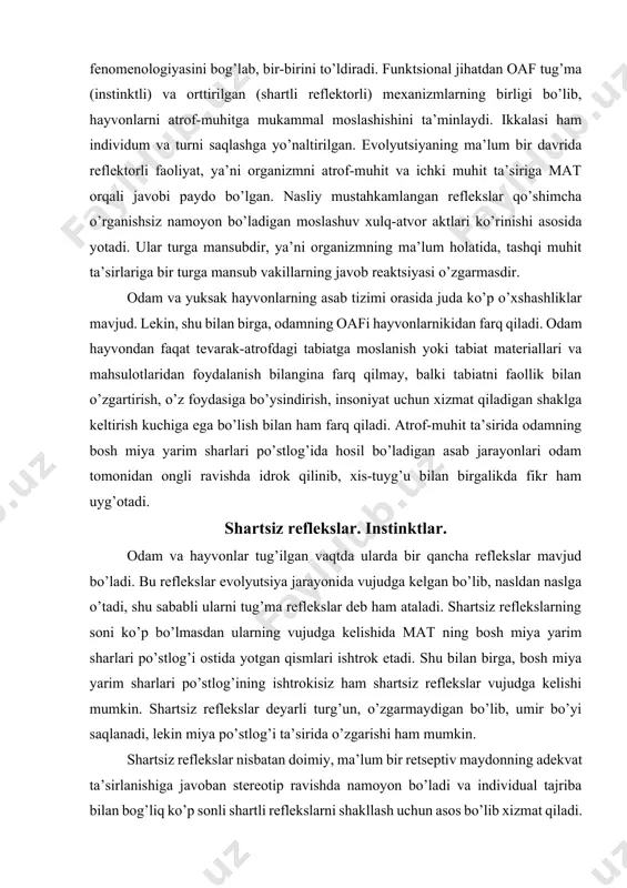 ida mat ning bosh miya yarim sharlari po’stlog’i ostida yotgan qismlari ishtrok etadi. shu bilan birga, bosh miya yarim sharlari po’stlog’ining ishtrokisiz ham shartsiz reflekslar vujudga kelishi mumkin. shartsiz reflekslar deyarli turg’un, o’zgarmaydigan bo’lib, umir bo’yi saqlanadi, lekin miya po’stlog’i ta’sirida o’zgarishi ham mumkin. shartsiz reflekslar nisbatan doimiy, ma’lum bir retseptiv maydonning adekvat ta’sirlanishiga javoban stereotip ravishda namoyon bo’ladi va individual tajriba bilan bog’liq ko’p sonli shartli reflekslarni shakllash uchun asos bo’lib xizmat qiladi. shartsiz reflekslar, ichki muhitning ko’pchilik parametrlarini doimiyligini ushlab turishga, organizmni tashqi muhit bilan o’zaro harakatini, somatik, vistseral va vegetativ reaktsiyalarni muvofiqlashgan faoliyatini amalga oshirishiga qaratilgan koordinatsiyali faoliyatni ta’minlaydi. lekin, organizmning tashqi va ichki muhitni o’zgaruvchan holatlariga optimal moslashuvi, shartli reflekslar yordamida amalga oshadi va ular tufayli, ma’lum bir faoliyat uchun zarur indifferent ta’sirchilar biologik muhit signal sifatiga ko’tariladi. shartsiz reflekslarning, ularni chaqiruvchi qo’zg’atuvchilar, biologik roli, boshqaruv darajalari (matning ma’lum bir bo’limlari bilan aloqasi), konkret moslashuv aktida …