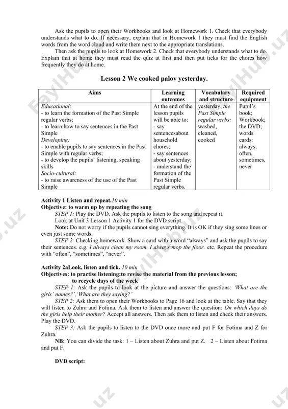 xample, going shopping) and mimes, this time the pupils will ask in turns as shown in the example. if the pupils cannot guess for 2 times what kind of card/slip of paper the leader has taken, you will ask the pupils to ask him/her the question‘what do you do?’in chorus. then the leader responds:‘i go shopping.’ activity 5 play“funny sentences”.8 min objectives: to consolidate the new vocabulary with adverbs of frequency; to have fun step 1: prepare two small boxes beforehand. cut and put the followinghalves of sentences into one of the boxes: i often; i sometimes;i never; i usually; i always. cut and put the following halvesinto the other box: make my bed; cook; water the flowers; go shopping; lay the table; clean my room; wash the dishes, etc.put the boxes on your table. step 2: in turns, invite two pupils to come to your table. one ofthem will …