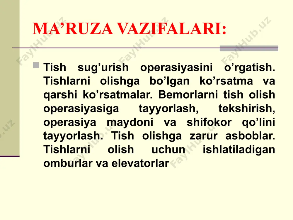 n ham yaqin bog’langan. tishlarni olish (sug’urish) operasiyasi tish olish — xirurgik operasiya —(parodont) alveolyar segmentida joylashgan tish ildizini maxsus asboblar yordamida mexanik kuch ishlatib, ushlab turgan yumshoq to’qimali strukturalarni cho’zib, uzib, suyakni yorib, sug’urib olish tish olishdan maqsad organizmni odontogen infeksiya o’choqlarini bartaraf etish hisobiga sog’lomlashtirish (sanasiya). o’tkir odontogen yallig’lanish o’choqli tishni olib tashlab, yiringli o’choqni drenajlash. og’iz shilliq pardasi va tilni surunkali jarohatlovchi tishni olib, o’sma rivojlanishining oldini olish. yuz estetikasini va chaynashni tiklash maqsadida yaroqsiz tishlarni olib og’iz bo’shlig’ini protezlashga tayyorlash. yuz-jag’ tizimidagi anomaliyalarni samarali davolab, ruhiy-emosional tanglikni bartaraf etish va chaynov funksiyani yaxshilash. tishlarni sug’urish tishlarni sug’urishga ko’rsatma umumiy: 1. xroniosepsis. 2. surunkali odontogen intoksikasiya. mahalliy: i absolyut: 1. konservativ davoga turg’un bo’lmagan periodontdagi yiringli-yallig’lanish jarayoni. ii nisbiy: konservativ davoni iloji yo’qligi. yemirilgan tishni protezlashda foydalanishni iloji bo’lmasligi. yuqori jag’ bo’shlig’ida yallig’lanish jarayonini chaqirgan sababchi tishni sug’urish. parodontitni kechki bosqichlari. zich (bir-birini ustiga chiqqan) tishlar. odontolgiyaga …