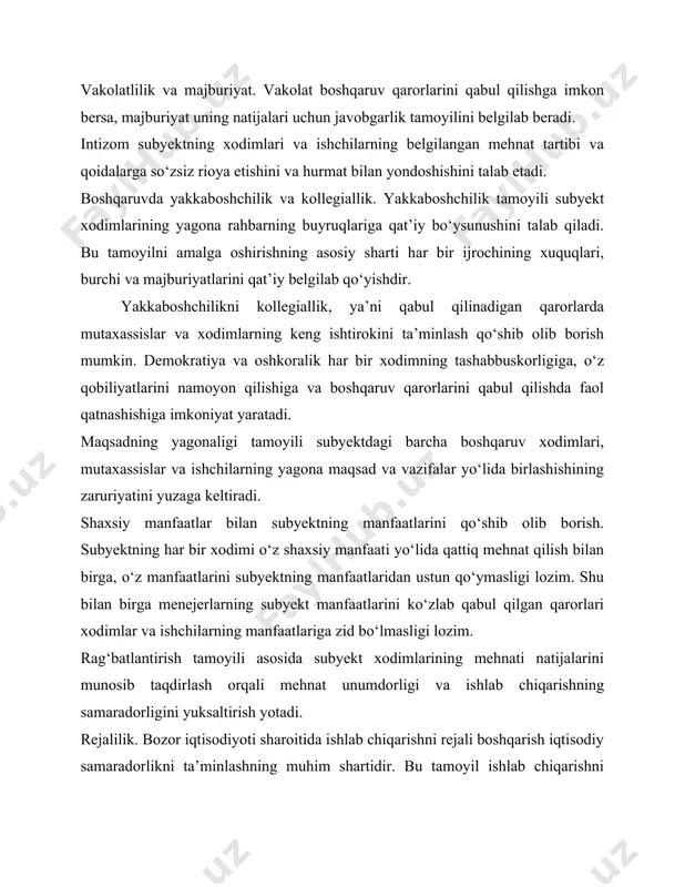 bilan harakat qiluvchi, omilkor shaxslarni rag‘batlantiradi. javobgarlik va tavakkalchilik. boshqaruvchi o‘z faoliyatining natijalari uchun ma’lum bir javobgarlikka ega bo‘lishi, bunda ma’lum tavakkalchilik (risk)ning elementlarini ham hisobga olishi lozim. boshqaruv etikasiga rioya etish. bu tamoyil boshqaruv xodimlaridan bilimli, madaniyatli va xushmuomala bo‘lishni, xodimlarga ishonish va ularni eshita bilishni talab etadi. boshqaruvning shakli va usullarini takomillashtirib borish. kuchli raqobat sharoitida subyektning sinmasligi uchun menejerlar doimo o‘z ustilarida tinmay ishlab, boshqaruv usullarini takomillashtirib borishlari va bozordagi o‘zgarishlarga moslashishlari kerak. boshqarish usullari va qarorlarni qabul qilish jarayoni boshqaruv usullari bu boshqaruv xodimlarining boshqaruv obyektiga maqsadli yo‘naltirilgan ta’sir o‘tkazish usullarining yig‘indisidir. boshqaruv usullari vositasida moddiy, moliyaviy va mehnat resurslaridan oqilona foydalangan holda, yuqori natijalarga erishish maqsadida iqtisodiy jarayonlarga ta’sir etiladi. ishlab chiqarishning samaradorligi ko‘p jihatdan boshqaruv usullarining mukammalligi bilan uzviy bog‘liqlikka ega. boshqaruvning tashkiliy-farmoyish, iqtisodiy va ijtimoiy-psixologik usullari mavjud. tashkiliy-farmoyish usullari subyekt boshqaruvchilarining vakolati va hokimligi kuchidan foydalangan holda, tashkiliy-farmoyish vositalari orqali boshqarish jarayonini bildiradi. …