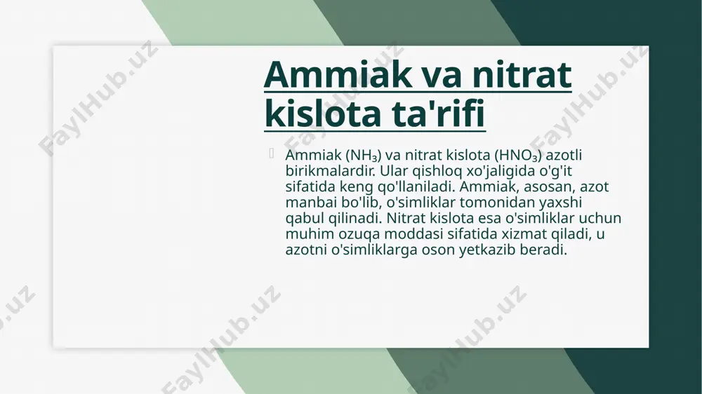 q moddalar bo'lib, ularning rivojlanishi va mahsuldorligini oshirishda katta rol o'ynaydi. ular ko'plab turlarga ega, jumladan, kaliy xlorid, kaliy sulfat va kaliy nitrat. har bir tur o'zining xususiyatlari va qo'llanilishiga ega bo'lib, turli o'simliklar va tuproqlarga mos keladi. kaliyli o'g'itlarning qo'llanilishi kaliyli o'g'itlar, asosan, o'simliklarning stressga chidamliligini oshirish va ularning sog'lom o'sishini ta'minlash uchun ishlatiladi. ular tuproqdagi suv muvozanatini yaxshilaydi va o'simliklarning oziq moddalarga bo'lgan talabini qondiradi. kaliyli o'g'itlar va ularning afzalliklari kaliyli o'g'itlar, shuningdek, tuproqning ph darajasini muvozanatlashda yordam beradi, bu esa o'simliklar uchun qulay sharoitlar yaratadi. shuningdek, kaliyli o'g'itlar tuproqning kimyoviy tarkibini yaxshilaydi, bu esa o'simliklar uchun zarur bo'lgan boshqa oziq moddalarni so'rashga yordam beradi. kaliyli o'g'itlar, o'simliklarning meva va sabzavotlarining sifatini oshirishda muhim ahamiyatga ega. ular o'simliklarning o'sish jarayonlarini tezlashtiradi va ularning sog'lig'ini yaxshilaydi. ammiak ishlab chiqarish jarayoni ammiak ishlab chiqarish jarayoni, asosan, haber-bosch jarayoni orqali amalga oshiriladi. bu jarayonda azot va vodorod gazlari yuqori bosim va …