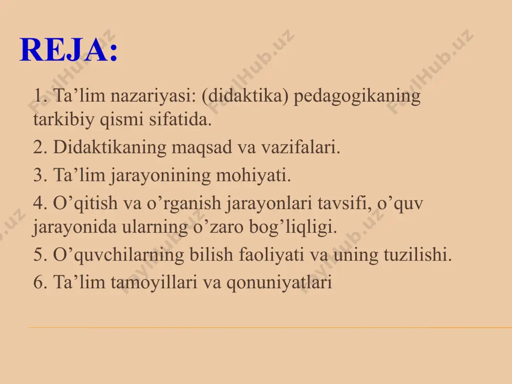 yo’naltirilgan pedagogik jarayonning tashkiliy-metodik jihatdan to’g’ri uyushtirilishi ta’lim turlari mazmuni, tashkil etilish o’rni, bosqichi, qo’llaniladigan asosiy vositalari va jalb etiladigan ta’lim oluvchilarning yoshiga ko’ra farqlanuvchi ta’lim ko’rinishlari ta’lim tamoyillari ta’lim nazariyasining asosiy yetakchi qoidalari ta’lim shakli ta’lim jarayonining tashkiliy qurilishi ta’lim metodlari ta’lim jarayonida qo’llanilib, uning samarasini ta’minlovchi uslublar majmui ta’lim vositalari ta’lim samaradorligini ta’minlovchi ob’ektiv (darslik, o’quv qo’llanmalari, o’quv qurollari, xarita, diagramma, plakat, rasm, chizma, dioproektor, magnitafon, videomagnitafon, uskuna, televizor, radio, kompyuter va boshqalar) va sub’ektiv (o’qituvchining nutqi, namunasi, muayyan shaxs hayoti va faoliyatiga oid misollar va hokazolar) omillar ta’lim natijasi ta’lim yakunining mohiyatini qayd etuvchi tushuncha; o’quv jarayonining oqibati; belgilangan maqsadni amalga oshirish darajasi ta’lim jarayoni yaxlit tizim sifatida quyidagicha namoyon bo’ladi: ta’lim maqsadi o’qituvchi faoliyati o’quv materiali mazmuni ta’lim metodlari ta’lim vositalari ta’limning tashkiliy shakllari o’quvchi faoliyati natija ta’lim funksiyalari. ta’lim funksiyasi ta’lim jarayoni mohiyatini ifoda etadi. ta’lim jarayonining ta’lim berish funktsiyasi o’quvchilarda bilim, ko’nikma va malakalarni …