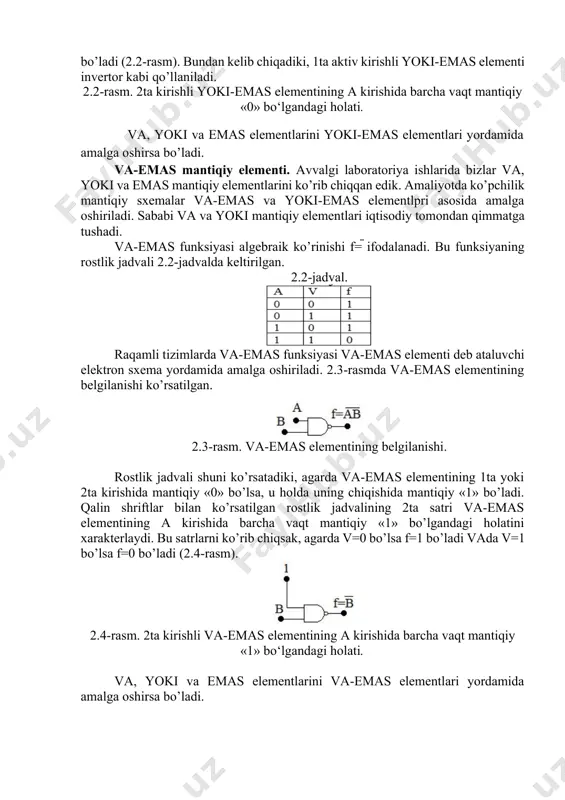 ki, agarda va-emas elementining 1ta yoki 2ta kirishida mantiqiy «0» bo’lsa, u holda uning chiqishida mantiqiy «1» bo’ladi. qalin shriftlar bilan ko’rsatilgan rostlik jadvalining 2ta satri va-emas elementining a kirishida barcha vaqt mantiqiy «1» bo’lgandagi holatini xarakterlaydi. bu satrlarni ko’rib chiqsak, agarda v=0 bo’lsa f=1 bo’ladi vada v=1 bo’lsa f=0 bo’ladi (2.4-rasm). 2.4-rasm. 2ta kirishli va-emas elementining a kirishida barcha vaqt mantiqiy «1» bo‘lgandagi holati. va, yoki va emas elementlarini va-emas elementlari yordamida amalga oshirsa bo’ladi. hisobot ma’zmuni. talabalar berilgan funksiyaning elektron sxemasini ham-emas (1-16 variantgacha) va yoki – emas (17-32 variantgacha) mantiqiy elementlari yordamida yasashi va rostlik jadvalini tuzishi kerak (laboratoriya ishlari daftarida). image7.jpeg image8.png image9.png image1.png image2.jpeg image3.jpeg image4.jpeg image5.png image6.jpeg