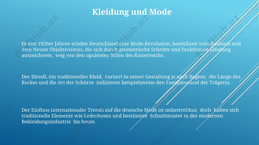 rinzipien immer noch relevant. die zahlreichen regionalen varianten der trachtenmode zeigen eine hohe vielfalt an handwerkstechniken und materialien, von aufwendigen stickereien bis hin zu filigranen holzschnitzereien. traditionelle keramiktechniken, wie die herstellung von steingut und fayence, werden in deutschland seit jahrhunderten gepflegt und von zahlreichen handwerksbetrieben mit über 50 mitarbeitern fortgeführt. vielen dank für ihre aufmerksamkeit @taqdimot_robot