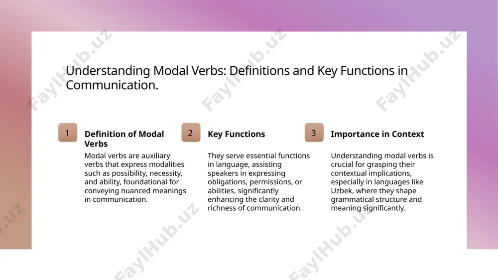 bs: key examples in everyday communication. 1 expressing ability - modal verbs like "can" and "could" are essential in everyday communication, indicating someone's capability to perform an action, such as "i can swim." 2 indicating possibility - the modal verb "might" is often used to express uncertainty or potential, as in "it might rain today," reflecting a common scenario in daily conversations. 3 conveying necessity - modal verbs such as "must" and "should" highlight necessity or obligation, exemplified in statements like "you must finish your homework," illustrating their practical use. contextual variations: how modal verbs shape meaning in uzbek. 1 contextual meaning - in uzbek, modal verbs like " mumkin" (may) and " kerak" (must) adapt meaning based on context, shaping the speaker's intent and audience perception. 2 cultural nuances - the use of modal verbs in uzbek reflects cultural attitudes towards politeness and obligation, influencing how requests and suggestions …