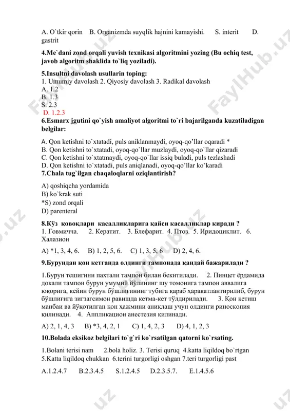 skullar orasiga b.*bel soxasiga grejka quyish, antibiotiklar, novakainli blokada, issiq vanna, kateterizasiya otkaziladi. atropin sulfat. 0,1% li eritmasi 0,25-1 ml dan teri ostiga inyeksiya qilinadi. analgin 50% -2 ml muskullar orasiga .papaverin gidroxlorid 2%-1-2 ml muskullar orasiga platifillin gidrotartrat 0,2% li eritmasi 1 -2 ml dan teri ostiga yuboriladi. no-shpa 2.0 tomir ichiga yuboriladi c . tinchlik.. dibazol. 1% li 4-6-10 ml tomir ichiga yuboriladi yoki 5 ml eritmasi muskul orasiga yuboriladi. aminazin. 2,5% li eritmasi 1-5 ml dan muskullar orasiga inyeksiya qilinadi. d dibazol. 1% li 4-6-10 ml tomir ichiga yuboriladi yoki 5 ml eritmasi muskul orasiga yuboriladi. dimedrol 1% li eritmasi 1-5 ml miqdordagi eritmasi muskullar orasiga va tomir ichiga yuboriladi 12.bo`g`im harakatining cheklanishi. hamshira tashxisi asosida parvarishlash rejasini tuzing. 13.dori moddalarni mushak orasiga yuborish algoritmi to`g`ri ko`rsatilgan qatorni ko`rsating. 1.qo`llar zarasizlantiriladi 2.dorini ampuladan tortib olinadi 3.dorini yaroqliligi tekshiriladi 4.ampula ochiladi 5.dumba sohasini yuqori kvadrati 2ta paxta sharikchada …