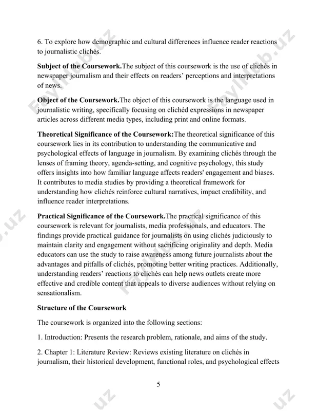 ure research on clichés in media. 6. references: lists all academic sources and references used in the coursework. chapter i. defining clichés in journalism 1.1 defining clichés in journalism defining clichés: begin with academic definitions of clichés, focusing on their linguistic and rhetorical characteristics. scholars often define clichés as expressions that are widely recognized but overused to the point of losing originality. discuss different perspectives on what makes a phrase or expression a cliché and why they persist in journalism.journalistic clichés: explain how clichés in journalism serve specific functions, such as enhancing familiarity, simplifying complex topics, and capturing reader interest. cite examples like “the perfect storm,” “ticking time bomb,” and “clash of titans” as phrases used frequently to add drama or immediacy.relevance of clichés in modern media: discuss the practical value of clichés for journalists working under time constraints and needing to quickly convey meaning to readers. mention how clichés …
