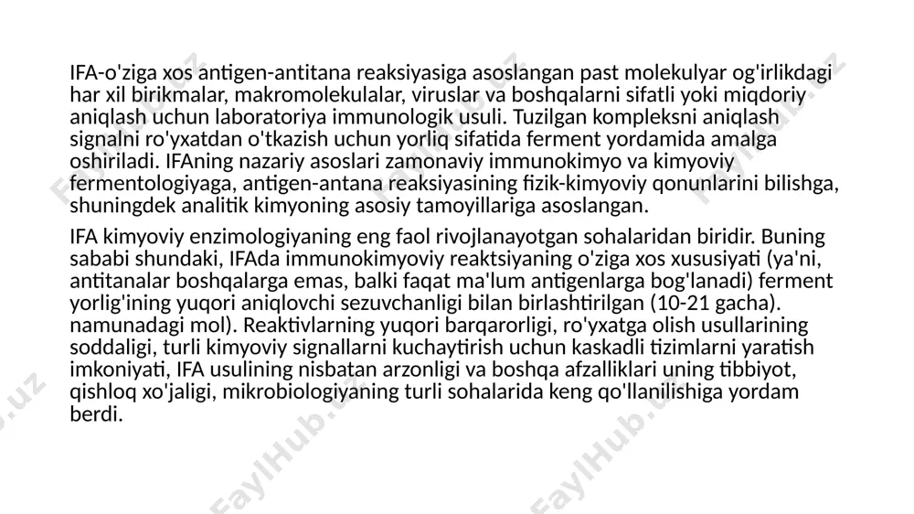 rkin energiyasini kamaytiradi). haroratning oshishi bilan bunday o'zaro ta'sirlarning samaradorligi oshadi. bugungi kunga kelib,ifaning asosiy va kichik farqlariga ega bo'lgan ko'p sonli turli xil variantlari ishlab chiqilgan. adabiyotda ifa usullarining xilma -xilligi to'g'risida yagona aniq tasnif yo'q, bu umumiy naqshlarni aniqlash va turli usullarning imkoniyatlarini qiyosiy baholashni qiyinlashtiradi. odatda, ifa usullarini ko'rib chiqish geterogen va bir hil bo'lishga, ya'ni qattiq bosqich ishtirokida yoki faqat eritmada tahlilning barcha bosqichlarini o'tkazish tamoyiliga ko'ra amalga oshiriladi. ifa dagi asosiy jarayon - tahlil qilingan birikmani o'ziga xos antitana bilan "tanib olish" bosqichi. immunokimyoviy komplekslarni hosil qilish jarayoni qat'iy miqdoriy nisbatda sodir bo'lganligi sababli, yaqinlik, komponentlarning konsentratsiyasi va reaktsiya sharoitlari tufayli, tahlil qilingan birikmaning dastlabki kontsentratsiyasini aniqlash uchun hosil bo'lgan immunitet komplekslarining miqdoriy bahosi etarli. antigen tahlilida bu baholashga ikkita yondashuv mavjud: 1. hosil bo'lgan komplekslar kontsentratsiyasini to'g'ridan -to'g'ri o'lchash; 2. qolgan erkin (reaksiyaga kirishmagan) antikorlarning konsentratsiyasini aniqlash. shubhasiz, ikkinchi holda, hosil bo'lgan immunitet komplekslarining …
