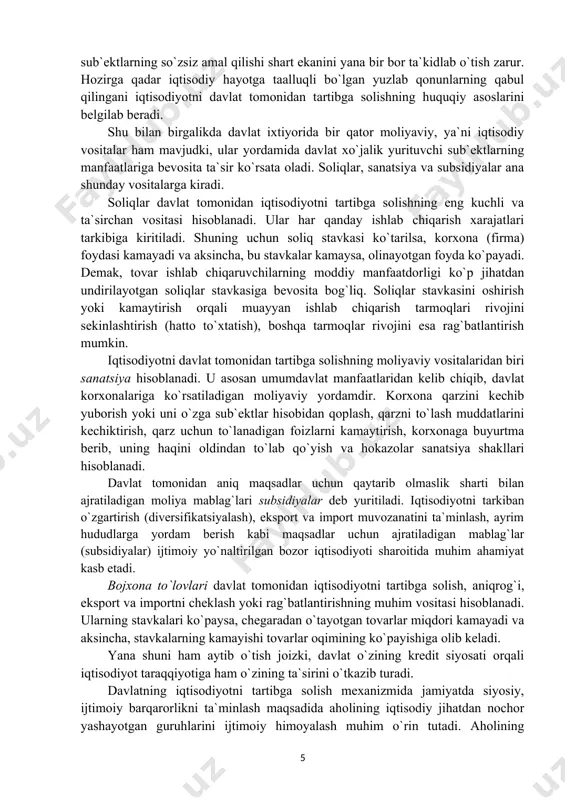 ular har qanday ishlab chiqarish xarajatlari tarkibiga kiritiladi. shuning uchun soliq stavkasi ko`tarilsa, korxona (firma) foydasi kamayadi va aksincha, bu stavkalar kamaysa, olinayotgan foyda ko`payadi. demak, tovar ishlab chiqaruvchilarning moddiy manfaatdorligi ko`p jihatdan undirilayotgan soliqlar stavkasiga bevosita bog`liq. soliqlar stavkasini oshirish yoki kamaytirish orqali muayyan ishlab chiqarish tarmoqlari rivojini sekinlashtirish (hatto to`xtatish), boshqa tarmoqlar rivojini esa rag`batlantirish mumkin. iqtisodiyotni davlat tomonidan tartibga solishning moliyaviy vositalaridan biri sanatsiya hisoblanadi. u asosan umumdavlat manfaatlaridan kelib chiqib, davlat korxonalariga ko`rsatiladigan moliyaviy yordamdir. korxona qarzini kechib yuborish yoki uni o`zga sub`ektlar hisobidan qoplash, qarzni to`lash muddatlarini kechiktirish, qarz uchun to`lanadigan foizlarni kamaytirish, korxonaga buyurtma berib, uning haqini oldindan to`lab qo`yish va hokazolar sanatsiya shakllari hisoblanadi. davlat tomonidan aniq maqsadlar uchun qaytarib olmaslik sharti bilan ajratiladigan moliya mablag`lari subsidiyalar deb yuritiladi. iqtisodiyotni tarkiban o`zgartirish (diversifikatsiyalash), eksport va import muvozanatini ta`minlash, ayrim hududlarga yordam berish kabi maqsadlar uchun ajratiladigan mablag`lar (subsidiyalar) ijtimoiy yo`naltirilgan bozor iqtisodiyoti sharoitida …