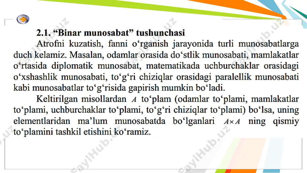 birga-bir qiymatli moslik, bu x va y to’plamlar elementlari orasidagi shunday moslikki, bunda x ning har bir elementiga y ning bitta yagona elementi mos qo’yiladi. masalan, musbat butun sonning kvadrati butun musbat sonning o’zi bilan birga-bir mos qo’yilgan. r: 2. birga-ko’p qiymatli moslik, bunda x ning bitta elementiga y dan ikkita va undan ortiq element mos qo’yilgan bo’ladi. masalan, x - butun musbat sonlar to’plami bo’lsin: x ={4, 9, 16} y - x dan olingan kvadrat ildiz bo’lsin: y ={- 2, 2, -3, 3, - 4, 4}. 3. ko’pga-bir qiymatli moslik, bunda y to’plamning har bir elementiga x to’plamdan bir nechta qiymat mos qo’yiladi. masalan, imtihon topshiruvchi talabalar to’plami x ga baholar to’plami y mos qo’yiladi. bunda har bir talaba bittadan baho oladi, lekin 1 ta baho bir nechta talabaga qo’yiladi. 4. ko’pga-ko’p qiymatli moslik, bunda x to’plamning bitta elementiga y to’plamdan bir nechta qiymat mos qo’yiladi, shuningdek, y ning …