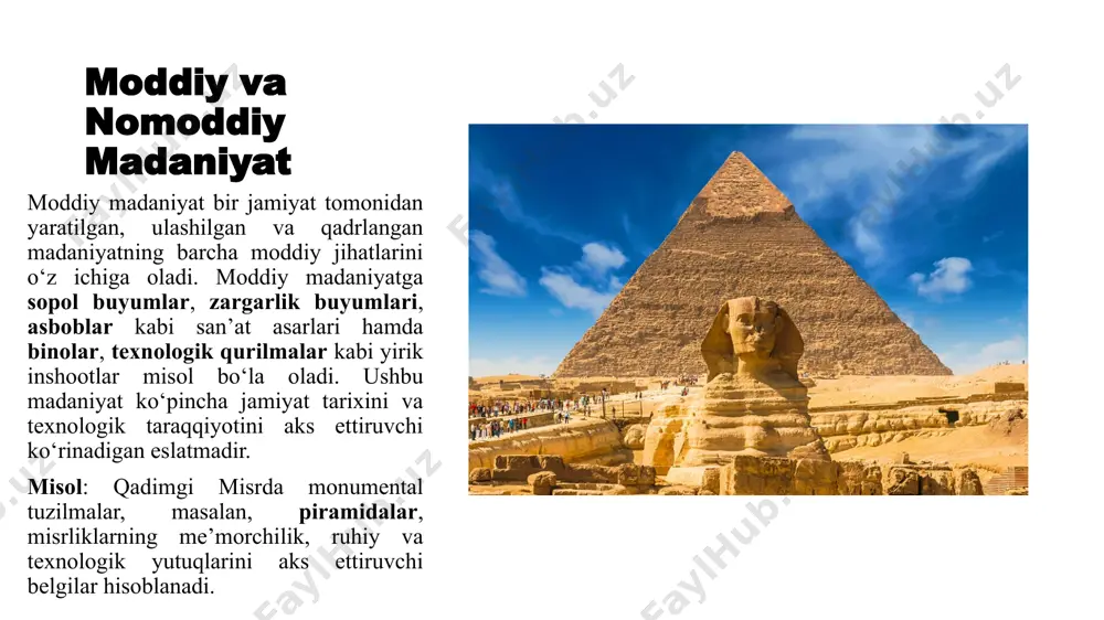 mahsulotlarni keng jamoatchilikka yetkazishni osonlashtiradi. ommaviy madaniyat jamoatchilik fikrini shakllantirib, televideniye, kino, yangiliklar va internet orqali ma’lum qadriyatlarni targ‘ib qiladi. misol: ingliz tili ommaviy axborot vositalari, xalqaro biznes va internetning ta’siri tufayli asosiy global tilga aylangan bo‘lib, turli madaniyat vakillarining muloqot qilishiga imkon yaratmoqda. madaniy gomonizatsiya globallashuv madaniy almashinuvni targ‘ib qilish bilan bir qatorda madaniy gomonizatsiyaga ham olib keladi. bu jarayonda mahalliy madaniyatlar o‘ziga xosligini yo‘qotadi. masalan, global tez ovqatlanish tarmoqlari mahalliy oziq-ovqat an’analarini almashtiradi va gollivud filmlari mintaqaviy kinematografiyani siqib chiqarishi mumkin. qiziqarli fakt: gomonizatsiyaga qarshi kurashish uchun yunesko madaniy amaliyotlarni, masalan, yoga, fransuz gastronomiyasi va argentina tangosini “nomoddiy madaniy meros” sifatida e’lon qilib, ularni saqlashga undamoqda. tarixiy madaniyatga ta’sir etuvchi omillar iqlim va geografiya: odamlarning yashash joyidagi tabiiy sharoit madaniyatning shakllanishiga katta ta’sir ko‘rsatadi. resurslar va texnologiyalar: mavjud texnologiyalar va resurslar jamiyat madaniyatini shakllantirishda muhim rol o‘ynaydi. savdo va aloqa yo‘llari: savdo va madaniy aloqalar madaniyatning rivojlanishida va …