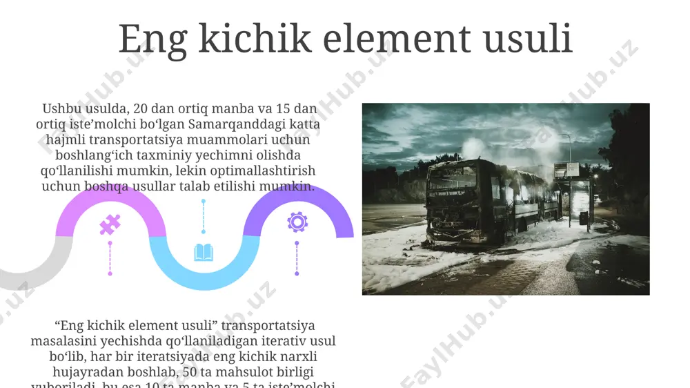 ni topish uchun 10 ta iteratsiyadan ortiq amalga oshirish mumkin, agar samarqanddagi ombordan toshkentga 50 birlik mahsulot yetkazilsa. shikastlanish usulining yakuniy bosqichida, barcha manbalarning takliflarini va barcha maqsadlarning talablarini qondiradigan 15 ta optimallashtirilgan yechim topiladi, natijada transport xarajatlari minimal bo'ladi va farg'ona viloyati uchun eng yaxshi variant aniqlanadi. e'tiboringiz uchun rahmat @taqdimot_robot image4.jpg image5.jpg image6.jpg image7.jpg image8.jpg image9.jpg image10.jpg image11.jpg image12.jpg image13.jpg image14.jpg image15.jpg image16.jpg image17.jpg image18.jpg image19.jpg image20.jpg image1.jpeg image2.jpeg image3.jpeg