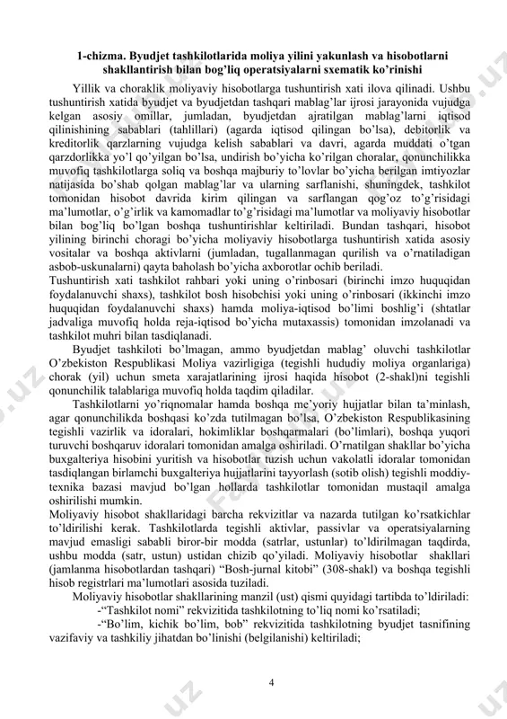 ingan va sarflangan qog’oz to’g’risidagi ma’lumotlar, o’g’irlik va kamomadlar to’g’risidagi ma’lumotlar va moliyaviy hisobotlar bilan bog’liq bo’lgan boshqa tushuntirishlar keltiriladi. bundan tashqari, hisobot yilining birinchi choragi bo’yicha moliyaviy hisobotlarga tushuntirish xatida asosiy vositalar va boshqa aktivlarni (jumladan, tugallanmagan qurilish va o’rnatiladigan asbob-uskunalarni) qayta baholash bo’yicha axborotlar ochib beriladi. tushuntirish xati tashkilot rahbari yoki uning o’rinbosari (birinchi imzo huquqidan foydalanuvchi shaxs), tashkilot bosh hisobchisi yoki uning o’rinbosari (ikkinchi imzo huquqidan foydalanuvchi shaxs) hamda moliya-iqtisod bo’limi boshlig’i (shtatlar jadvaliga muvofiq holda reja-iqtisod bo’yicha mutaxassis) tomonidan imzolanadi va tashkilot muhri bilan tasdiqlanadi. byudjet tashkiloti bo’lmagan, ammo byudjetdan mablag’ oluvchi tashkilotlar o’zbekiston respublikasi moliya vazirligiga (tegishli hududiy moliya organlariga) chorak (yil) uchun smeta xarajatlarining ijrosi haqida hisobot (2-shakl)ni tegishli qonunchilik talablariga muvofiq holda taqdim qiladilar. tashkilotlarni yo’riqnomalar hamda boshqa me’yoriy hujjatlar bilan ta’minlash, agar qonunchilikda boshqasi ko’zda tutilmagan bo’lsa, o’zbekiston respublikasining tegishli vazirlik va idoralari, hokimliklar boshqarmalari (bo’limlari), boshqa yuqori turuvchi boshqaruv idoralari tomonidan …