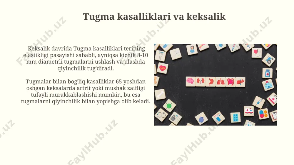 yoki gipopigmentatsiya kabi teri o'zgarishlariga olib kelishi mumkin, bu esa kosmetik muammolarni keltirib chiqaradi va ba'zan dermatologik muolajalarni talab qiladi. tugma kasalliklarining asoratlari tugma kasalliklarining oldini olish tugma kasalliklarining oldini olish uchun yaxshi gigiyenaga rioya qiling. qo'llaringizni kuniga kamida 5 marta sovun va suv bilan 20 soniya davomida yuving, ayniqsa ovqatdan oldin va hojatxonadan keyin. tugma kasalliklarining tarqalishini oldini olish uchun, ayniqsa yuqori xavfli davrlarda, masalan, gripp mavsumida, bir martalik tibbiy niqobdan foydalanish tavsiya etiladi. niqobni har 4 soatda almashtiring. tugma kasalliklarining belgilari tugma kasalliklarining belgilari ba'zi tugma kasalliklari, masalan, kontakt dermatit, allergenga tegish natijasida 24-72 soat ichida qizarish, shish va qattiq qichishish kabi simptomlar bilan namoyon bo'lishi mumkin. tugma kasalliklarining diagnostikasi tugma kasalliklarining aniq tashxisini qo'yish uchun biopsiya olinishi mumkin, unda teri namunasi 3-bosqichda mikroskopik tekshiruvdan o'tkaziladi, bu kasallikning turini aniqlashga imkon beradi. tugma kasalliklarini diagnostikasi uchun dermatoskopiya usuli qo'llaniladi, bu teri yuzasini 10-20 marta kattalashtirib ko'rishga imkon beradi …