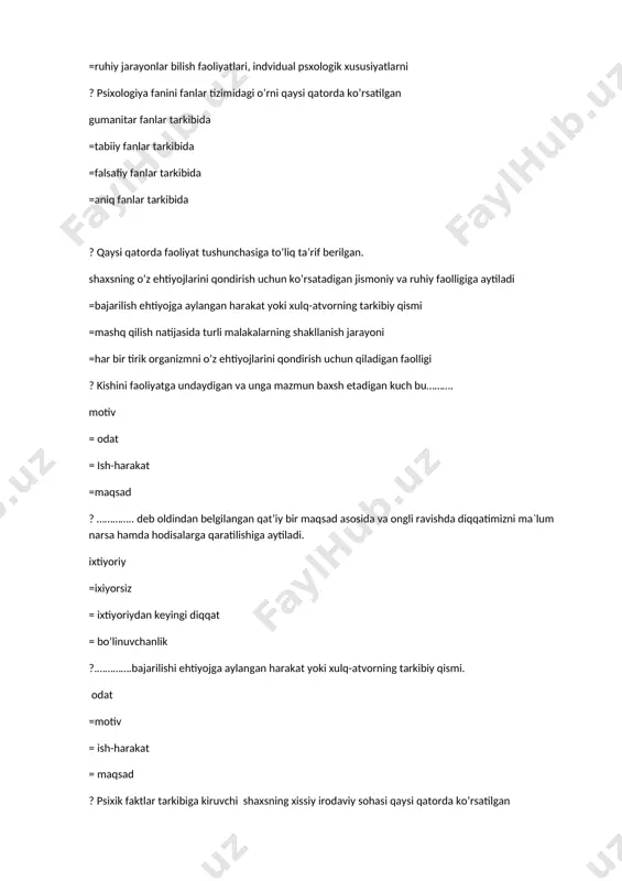 rish =aktsentirovka ? vatanparvarlik, milliy g’urur, tilga hurmat, milliy qadriyatlarga hurmat kabilar qaysi hislar tarkibiga kiradi axloqiy hislar =intellektual hislar =praksik hislar =estetik hislar ?steress tushunchasini fanga kiritgan olim qaysi qatorda ko’rsatilgan gan sel`e =a. n. luk =djeyms-lange =kenon-bard ?sensibilizatsiya bu... mashq qilishi natijasida sezgi organlarini sezuvchanligi ortishi =bir sezgiga ta’sir etuvchi qo’zg’atuvchilar yig’indisi =ko’z gavharini moslashishi =predmetlarni u haqidagi ma’lumotlarni jamlangan holati ?sezgilar xususiyati qaysi qatorda ko`rsatilgan adaptatsiya, sensibilizatsiya, sinesteziya =strukturaviyligi yaxlitligi predmetligi =predmetligi konstantligi mantiqiyligi =konstantligi illuziya gallitunatsiya ?hayvonlarning biologik ehtiyojlariga qarab instinktiv harakatlari qanday turlarga bo’linadi ovqatlanish nasl qoldirish pod abo`lib yashash saqlanish =ovqatlanish saqlanish = saqlanish nasl qoldirish = nasl qoldirish poda bo`lib yashash ?teri retseptorlarining tashqi muhit ta'siriga moslashishiga nima deyiladi adaptatsiya =sinesteziya =kompensatsiya =akkomadatsiya ? idrok qaysi psixologik fakt tarkibiga kiradi bilish jarayonlari =bilish faoliyatlari =ruhiy holatlar =individual hususiyatlar ? empatiya nima hamdardlik hissi =ajablanish hissi =qo'rquv hissi =hayratlanish hissi ?ayni chog'da biz uchun …