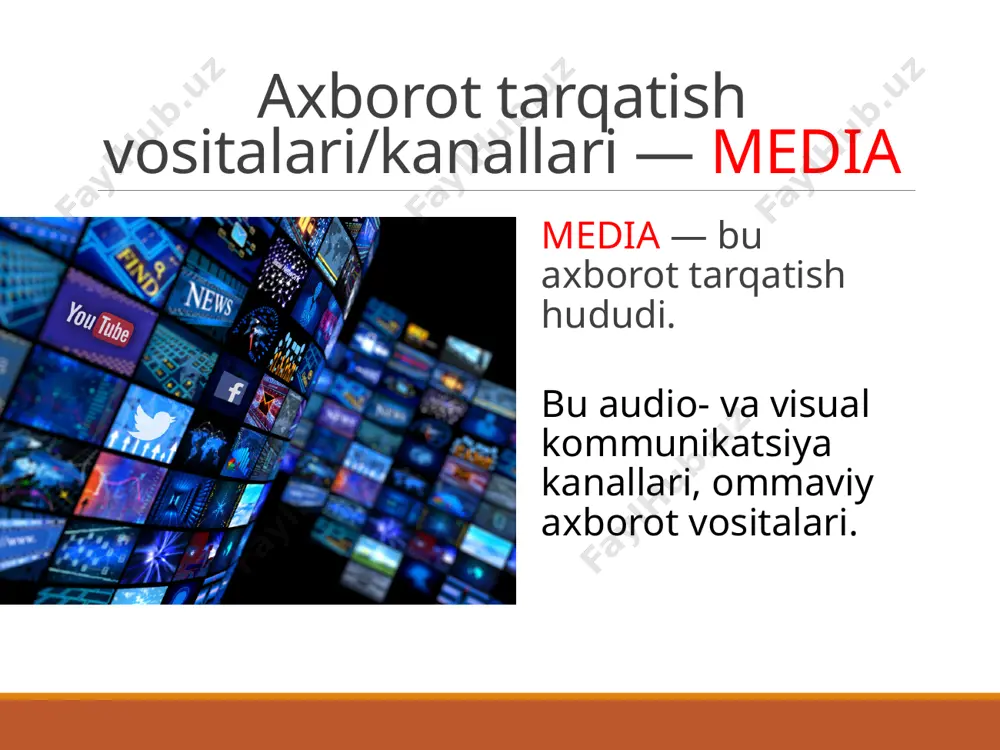 va rivojlanishi turkiyada — marmar plitalar birinchi tashqi reklama turkiyadagi efes shahrida topilgan. eramizning i asrida yasalgan marmar plitada ayol portreti, bezalgan yurak va yo’nalishni ko’rsatib turuvchi oyoq izi o’yib yozilgan edi. medianing paydo bo’lishi va rivojlanishi qadimgi yunonistonda —fest diski aynan yunonlar tarixda birinchi fest diski, deb nomlangan poligrafiya mahsulotini yaratishgan. krit orolining fest shahri yaqinida topilgan sopol diskdagi yozuv o’zib yozilmagan, balki ikkita tarafidan qolipda bosilgan. medianing paydo bo’lishi va rivojlanishi qadimgi pompeyda — devoriy gazetalar va e'lonlar pompeydagi qazishmalar chog'ida bir yarim mingga yaqin devor gazetalari va e'lonlar topilgan. ulardan birida shunday yozilgan edi: “yo‘lovchi, shu yerdan o‘n ikkinchi minoraning oldiga bor. o'sha joyda siripusning vino do'koni bor. kirib ko'r. uchrashguncha". medianing paydo bo’lishi va rivojlanishi xitoyda — gazetalar qadimgi xitoyliklar allaqachon xx asrda gazeta nashr qilishar edi, u bosma uskunasi yordamida qog'ozga bosib chiqarilar edi. «king pao» (poytaxt xabarnomasi) gazetasi pekinda 911 yildan boshlab muntazam ravishda …