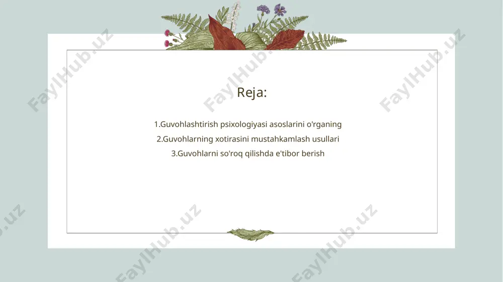 shaffoflik - guvohlar o'rtasida ochiqlik va shaffoflik niyatida bo'lish, ishonchni oshirishga yordam beradi. ochiq muloqot har bir guvohning fikrini hurmat qilishni ta'minlaydi. guvohlarning hissiy holatini baholash • hissiy holat - guvohlarning hissiy holati ularning voqea haqida berayotgan ma'lumotlariga ta'sir ko'rsatishi mumkin. • hissiy holatni aniqlash - guvohlar hissiy holatini aniqlash uchun ularning so'zlari, yuz ifodalari va tanqidiy fikrlari tahlil qilinadi. • guvohlarning ishonchliligi - hissiy holatlar guvohlarning ishonchliligini baholashda muhim faktor hisoblanadi. • tahlil usullari - psixologik usullar va intervyular yordamida guvohlarning hissiy holati chuqur o'rganiladi. guvohlarning ijtimoiy ta'sirini tushunish • guvohlarning roli - guvohlar sud protsessida muhim ahamiyatga ega. ular asosiy dalil manbai bo'lib, voqealarni tushunish uchun zarur. • ijtimoiy ta'sir - ijtimoiy muhit guvohlarning qabul qiladigan fikrlariga ta'sir ko'rsatishi mumkin. o'zaro munosabatlar, guruh bosimi va madaniy kontekst faktorlar orasida. guvohlarning xotira qobiliyatini o'rganish • xotira turlari - guvohlarning xotira qobiliyatini o'rganishda bir nechta turli xotira turlari mavjud. ular …