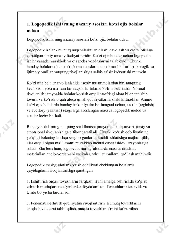 va mos metodlar qo‘llanganida, bunday bolalar ham o‘z tengdoshlari qatorida muvaffaqiyatli rivojlanish ko‘rsatkichlariga ega bo‘lishlari mumkin. 2. ko‘zi ojiz bolalarda nutqning rivojlanish xususiyatlari ko‘zi ojiz bolalarda nutqning rivojlanish xususiyatlari tushunarli va aniq faktlarga asoslangan holda talqin etilishi kerak. ko‘zi ojiz bolalarning nutq rivojlanishi ko‘pincha kechikishlar bilan kechadi. bu ko‘rish imkoniyatlarining cheklanganligi tufayli sodir bo‘ladi, chunki ko‘rish nuqsonlari bolalar uchun atrof-muhitni o‘rganish va so‘z boyligini oshirishda muhim rol o‘ynaydi. mazkur holatda, nutq rivojlanishining umumiy xususiyatlari quyidagilardan iborat bo‘lishi mumkin: 1. **nutq rivojlanishining kechikishi**: ba'zi tadqiqotlar ko‘zi ojiz bolalarda nutq rivojlanishi qisman yoki umuman kechikishini ko‘rsatadi. bu bolalarning so‘z boyligini o‘zlashtirishda qiyinchiliklarga duch kelishi, boshqalardan o‘rnak olish imkoniyatining cheklanganligi bilan izohlanadi. 2. **differentsiallekanlik**: ko‘zi ojiz bolalarda nutq rivojlanishi muvofiq ko‘rish imkoniyatiga ega bolalarga qaraganda farqli bo‘lishi mumkin. misol uchun, ko‘zi ojiz bolalar o‘zlarining asosiy e'tiborlarini eshitishlikka qaratadilar va bu orqali nutqni o‘rganadilar. 3. **paralingvistik elementlarning mos tomondan rivojlanishi**: ton, balandlik va tembr …
