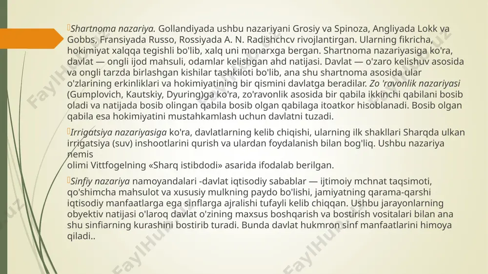 ilishga qaratilgan quyidagi faoliyatini taqozo etadi; fuqarolar huquq va erkinliklarini muhofaza qilish; tabiatni muhofaza qilish; barcha shakllardagi mulklarni himoya qilish; huquqni muhofaza qilish. tashqi funksiyalar xalqaro hamkorlik: tashqi siyosiy faoliyat; tashqi iqtisodiy faoliyat. mudofaa va milliy xavfsizlikni ta'minlash. xalqaro hamkorlik har qanday davlat uchun hayotiy zaruratdir. yer yuzida hozir 200 dan ortiq davlat bor. ularning har biri me'yorda hayot kechirish va o'zaro hamkorlik qilishga ehtiyoj sezadi. xalqaro hamjamiyat xalqaro huquqning o'zagini tashkil etuvchi umume'tirof etgan prinsip va qoidalarning butun boshli majmuasini ishlab chiqqan davlatlar va xalqaro tashkilotlar o'rtasidagi hamkorlik ana shu prinsiplar asosida amalga oshiriladi. suveren davlat bo'lgan o'zbekiston respublikasi jahondagi barcha davlatlar bilan faol hamkorlik qilmoqda, ko'plab xalqaro tashkilotlar, jumladan, eng nufuzli xalqaro tashkilot bo'lgan birlashgan millatlar tashkilotining a'zosidir. davlatning mamlakat mudofaasi va xavfsizligini ta'minlash funksiyasini, eng avvalo, mamlakatning qurolli kuchlari hamda milliy xavfsizlik xizmati bajaradi. davlat tuzilishi davlat tuzilishi shakli uning ma'muriy-hududiy tashkil etilishidir. davlat tuzilishi bo'yicha barcha …