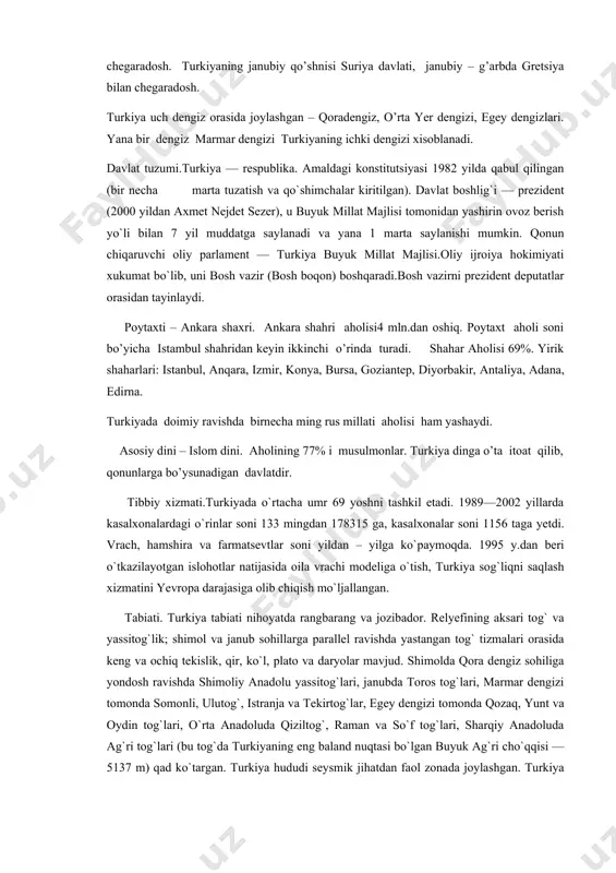 i o`rinlar soni 133 mingdan 178315 ga, kasalxonalar soni 1156 taga yetdi. vrach, hamshira va farmatsevtlar soni yildan – yilga ko`paymoqda. 1995 y.dan beri o`tkazilayotgan islohotlar natijasida oila vrachi modeliga o`tish, turkiya sog`liqni saqlash xizmatini yevropa darajasiga olib chiqish mo`ljallangan. tabiati. turkiya tabiati nihoyatda rangbarang va jozibador. relyefining aksari tog` va yassitog`lik; shimol va janub sohillarga parallel ravishda yastangan tog` tizmalari orasida keng va ochiq tekislik, qir, ko`l, plato va daryolar mavjud. shimolda qora dengiz sohiliga yondosh ravishda shimoliy anadolu yassitog`lari, janubda toros tog`lari, marmar dengizi tomonda somonli, ulutog`, istranja va tekirtog`lar, egey dengizi tomonda qozaq, yunt va oydin tog`lari, o`rta anadoluda qiziltog`, raman va so`f tog`lari, sharqiy anadoluda ag`ri tog`lari (bu tog`da turkiyaning eng baland nuqtasi bo`lgan buyuk ag`ri cho`qqisi — 5137 m) qad ko`targan. turkiya hududi seysmik jihatdan faol zonada joylashgan. turkiya yer ostida xromit, borat, boksit, volfram, simob, surma, mis, toshko`mir, neft, marganets, temir va boshqalar bor. …
