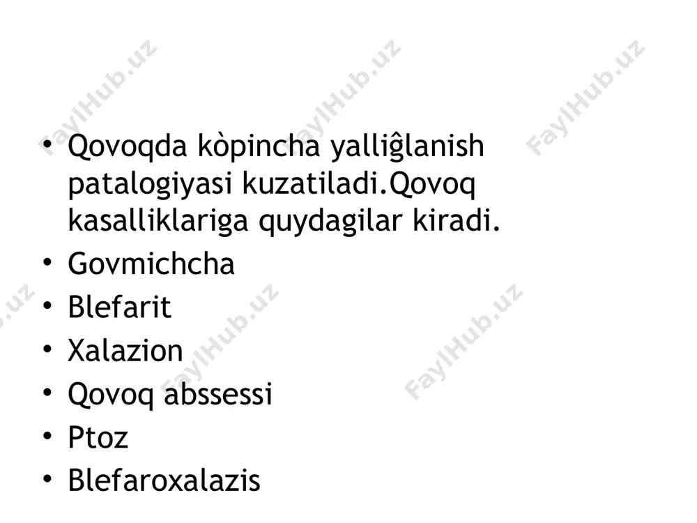oddalar almashinuvining buzilishi, meʼdaichak kasalliklari, sil, kamqonlik; koʻzning optik nuqsonlari, yaqindan koʻrish, astigmatizm, uzoqsan koʻrish, shuningdek noqulay tashqi sharoit omillari: chang, shamol, tutun va boshqa sabab boʻlishi mumkin. b.ning oddiy, poʻstloqchali, yarali, burchakli, meybomiyev va "kosmetik"xillari farqdanadi.oddiy b.da qovoq chetlari qizaradi, qichishadi, shishadi, kiprik tagida oqishsargʻimtir qazgʻoqqa oʻxshash tangachalar hosil boʻladi, koʻz tez toliqadi. poʻstloqchali b.da ushbu belgilar kuchayib, kipriklar ostidagi terida oqishkulrang qazgʻoqqa oʻxshash tangachalar hosil boʻladi. yarali b.da qovoq chetlari shishib, qalinlashadi, qizaradi, qotib qolgan yiring bilan kipriklar bir-biriga yopishib qoladi, ular koʻchirilganda qonaydi, tagida yiringli, qon aralash yarachalar koʻrinadi, kipriklar toʻkilib ketadi, koʻz qovogʻi agʻdarilishi mumkin. burchakli b.da koʻz tirqishining tashqi burchagidagi teri va shilliq parda qizaradi, koʻz yoshlanadi, koʻpiksimon ajralma chiqadi. meybomiyev b. meybomiyev bezlarining koʻp sekret chiqarishidan paydo boʻlib, bunda qovoq chetlari xuddi moylangandek yaltirab turadi. " kos metik" b. koʻproqayollargaxos boʻlib, turli krem, boʻyoq qalamlardan foydalanishi tufayli roʻy beradi. b.ning oldini olish uchun noqulay …