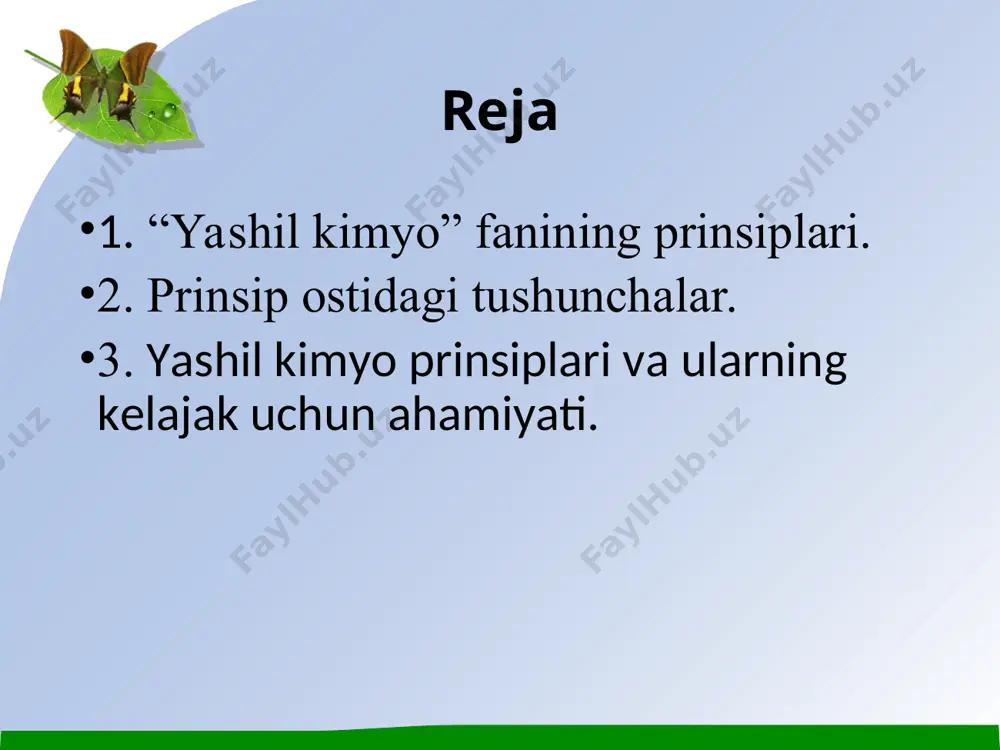 shloq xo'jaligi mahsulotlari bilan bog'liq ko'plab sohalarga taalluqlidir va ta'sir qiladi. . xavfsiz va samarali mahsulotlarni chiqindisiz ishlab chiqarishda “yashil kimyo”ning quyidagi 12 ta o‘ziga xos tamoyillariga asoslaniladi: printsiplar quyidagi tushunchalarni qamrab oladi: mahsulotga tushadigan xom-ashyo miqdorini maksimal darajada oshirish uchun jarayonlarni loyihalash; qayta tiklanadigan materiallar xom ashyosi va energiya manbalaridan foydalanish; iloji bo'lsa, xavfsiz, ekologik zararli moddalardan, shu jumladan erituvchilardan foydalanish; energiya tejaydigan jarayonlarni loyihalash; chiqindilarni boshqarishning ideal shakli sifatida qaraladigan chiqindilarni ishlab chiqarishdan saqlanish. yashil kimyoning 12 tamoyillari misollar bilan 1. chiqindilarni oldini olish 2. atom iqtisodiyoti 3. xavfli kimyoviy sintezlar 4. xavfsiz kimyoviy vositalarni loyihalash 5. xavfsiz erituvchilar va yordamchilar 6. energiya tejamkorligi uchun dizayn 7. qayta tiklanadigan ozuqa zaxiralaridan foydalanish 8. hosillarni kamaytiring 9. kataliz 10. egradatsiyaga mo'ljallangan dizayn 11. ifloslanishning oldini olish bo'yicha real vaqtda tahlil 12. baxtsiz hodisalarning oldini olish uchun tabiiy ravishda xavfsiz kimyo 1. chiqindilarni oldini olish. oldini olish - bu yashil …