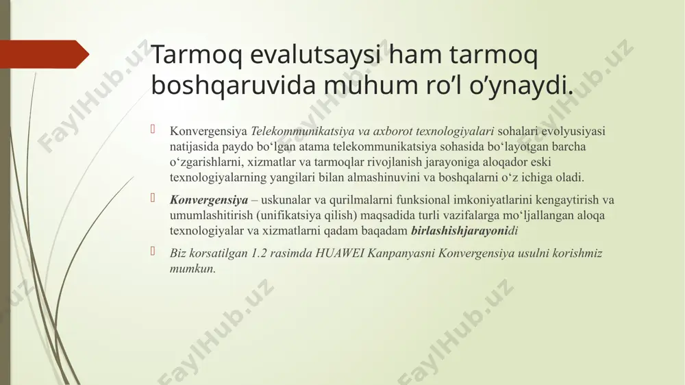 k xizmat ko‟rsatish markazlari va tarmoqni boshqaruv markazlariga berish. tarmoqda texnik xizmat ko’rsatish tizimi, funksiyalari va uni tashkil etish. texnik xizmat ko’rsatish tizimining asosiy vazifalari aloqa uskunalarining nosozliklarini topish va turgan joyini aniqlash va tarmoqning normal ish faoliyatini tiklashdan iboratdir texnik xizmat ko’rsatish tizimi texnik xizmat ko’rsatish markazlarining texnik vositalaridan foydalangan holda quyidagi funktsiyalarni bajaradi: - ishonchlilik parametrlarini mahalliy test nazorati qilish; -nosozliklarning kelib chiqqan joyini aniqlash; -rad etishlarni tiklash uchun qarorlar qabul qilish; -aloqaning texnik vositalarini rad etishlardan so‟ng, qayta tiklangandan keyin avtomatik sozlash; tarmoqni ma’muriy boshqaruv tizimi. tarmoqni ma’muriy boshqaruv tizimi tarmoqni boshqaruv markazlari texnik vositalaridan foydalangan holda quyidagi funktsiyalarni bajaradi: a) boshqaruv tizimining yordamchi funktsiyalarini bajarilishini qo‟llab turuvchi tarmoqni ma’muriy boshqaruv tizimining umumiy funktsiyalari: -boshqaruv tizimi elementlari o’rtasida ma‟lumo uzatish transport funktsiyalari; -boshqaruv tizimi elementlari o’rtasida ma‟lumo uzatish transport funktsiyalari; -ruxsat etilmagan foydalana olishdan himoya qilishni boshqarish; -statistikani avtomatik olib borish (setemetriya); b) tarmoqni ma‟muriy boshqaruv tizimi; …