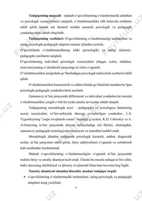 ojlanish zonasi” haqidagi g‘oyalari, k.d. ushinskiy va a. avloniyning ta’lim jarayonida shaxsni tarbiyalashga oid fikrlari, shuningdek, zamonaviy pedagogik texnologiyalar nazariyasi va metodlari tashkil etadi. metodologik jihatdan tadqiqotda psixologik kuzatish, suhbat, diagnostik testlar, ta’lim jarayonini tahlil qilish, ilmiy adabiyotlarni o‘rganish va solishtirish kabi usullardan foydalaniladi. maktab o‘quvchilarining o‘zlashtirmasligini o‘rganish ta’lim jarayonida muhim ilmiy va amaliy ahamiyat kasb etadi. chunki bu masala nafaqat ta’lim sifati, balki shaxsning intellektual va ijtimoiy rivojlanishi bilan ham bevosita bog‘liqdir. nazariy ahamiyati shundan iboratki, mazkur tadqiqot orqali: · o‘quvchilarning o‘zlashtirmaslik tushunchasi, uning psixologik va pedagogik talqinlari keng yoritiladi; · o‘zlashtirmaslikning ichki va tashqi sabablari tizimlashtiriladi va ilmiy asosda tahlil qilinadi; · shaxs psixologiyasi, ta’lim psixologiyasi va pedagogika fanlari nazariy jihatdan boyitiladi; · ta’lim jarayonida o‘zlashtirmaslikni kamaytirishga doir yangi ilmiy qarashlar va konsepsiyalar shakllantiriladi. amaliy ahamiyati esa quyidagilarda namoyon bo‘ladi: · o‘qituvchilar uchun o‘quvchilarda o‘zlashtirmaslikka sabab bo‘luvchi omillarni aniqlash va ularga mos ta’sir ko‘rsatish bo‘yicha metodik tavsiyalar ishlab …