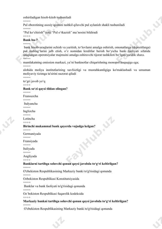 vofiq mijozga ochilgan hisob varaq bo‘lib, unga ko‘ra bank mijozning hisob varag‘iga tushayotgan pul mablag‘larini qabul qilish va hisobga kiritish, mijozning hisobvarag‘idan tegishli pul mablag‘larini o‘tkazish hamda berish va hisobvaraq bo‘yicha boshqa operatsiyalarni amalga oshirish haqidagi topshiriqlarini bajarish majburiyatini zimmasiga oladi ==== bank hisob varaqlarini ochish va yuritish, to‘lovlarni amalga oshirish, omonatlarga (depozitlarga) pul mablag‘larini jalb etish, o‘z nomidan kreditlar berish bo‘yicha bank faoliyati sifatida aniqlangan operatsiyalar majmuini amalga oshiruvchi tijorat tashkiloti bo‘lgan yuridik shaxs ++++ bank operatsiyalari qaysi javobda to‘g‘ri keltirilgan? ==== aktiv ==== passiv ==== bank xizmatlari va vositachilik operatsiyalari ==== barcha javoblar to‘g‘ri ++++ aktiv so‘zining ma`nosi qaysi javobda to‘g‘ri keltirilgan? ==== qoloq ==== stol ustidagi pul ==== banka ==== faol ++++ kassadagi pul mablag‘lari bu? ==== bankning kassasidagi saqlanayotganva bank kunlik hisob raqamlar bo’yicha naqd pul berishga, pulni maydalab berishga, naqd pul shaklida kreditla rberishga, bank xarajati uchun haq to’lashga, xizmatchilarga ish haqi berishga va boshqa …