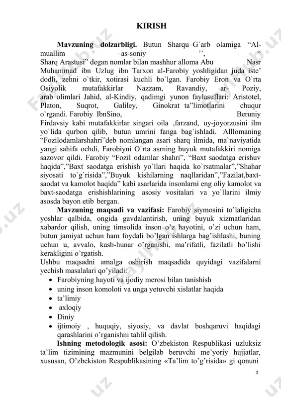 obiy yashab, ijod qilgan davrda o`rta osiyo to`la arab xalifaligining bir qismiga aylantirilgan edi. g`oyaviy dunyoda esa islom siyosiy ideologiyasi hukmronlik qilib, maktab, madrasa va maschitlarda asosan arab, fors tillarida yozilgan diniy kitoblar o`qitilar edi.arab xalifaligining markaziy shaharlari- bog`dod va damashqda ilm-fan boshqa shaharlarga nisbatan taraqqiy qiladi. shuning uchun ham farobiy boshqa zamondoshlari kabi arab tilini o`rganadi va bog`dod shahrining yetuk ensiklopedist olim darajasiga ko`tariladi. ix asrda bog`dod iqtisodiy, siyosiy, madaniy markazlardan biriga aylangan bo`lib, uning bozorlarida sharq va arab mamlakatlarilan keltirilgan kamyob mollarni ko`plab uchratish mumkin edi. bu shaharning kitobxonalarida turli davlatlar va turli tillarda chop etilgan kitoblar ham bor edi. eng muhimi bog`dod olimlari, san`atkorlar, tarixchilar to`plangan yirik markaz edi. farobiy ko`plab xorijiy tillarni o`rganib, ular orqali platon aristotel kabi buyuk mutafakkirlarning ilmiy merosidan bahramand bo`ladi. u matematika, meditsina kabi tabiiy fanlar bilan bir vaqtda filosofiya, logika, siyosat, davlat haqidagi ijtimoiy fanlarning sohalari bilan ham shug`ullanadi va o`zining …