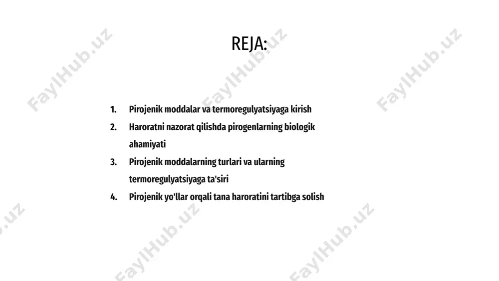 chiqarilishini rag'batlantiradi, bu esa tana haroratining ko'tarilishiga olib keladi. ushbu pirojenik moddalar gipotalamusga, tananing ichki termostatiga ta'sir qiladi, bu uning yuqori haroratda qayta tiklanishiga olib keladi va organizmning infektsiyalardan himoyalanish va gomeostazni saqlash uchun javobini boshlaydi. pirojenik moddalar miyadagi pirojenik yo'llarni ishga tushirish orqali tana haroratini tartibga solishda muhim rol o'ynaydi, bu esa infektsiyalarga qarshi kurashishda yordam beradi. 01 ushbu moddalar patogenlar yoki immunitet hujayralari kabi turli manbalardan kelib chiqishi mumkin va ularning harakati tanadagi gomeostazni saqlash uchun zarurdir. 02 termoregulyatsiyada pirogen moddalarning ahamiyatini tushunish isitma bilan bog'liq sharoitlarni davolash usullarini ishlab chiqish va umumiy salomatlikni mustahkamlash uchun kalit hisoblanadi. 03 pirojenik yo'llar orqali tana haroratini tartibga solish isitma va immunitet funktsiyalarida pirogenlarning roli pirojenik moddalar isitma reaktsiyasini keltirib chiqarish orqali termoregulyatsiyada hal qiluvchi rol o'ynaydi. pirojenlar prostaglandinlarning chiqarilishini rag'batlantiradi, bu esa tana haroratining oshishiga olib keladi. 02 isitma - bu muhim immunitet reaktsiyasi, chunki u oq qon hujayralari faoliyatini …