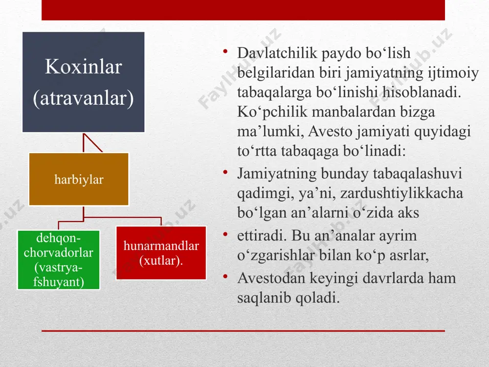 ganch tumanlari kirgan bo‘lib, uning chegarasi amudaryoga borib taqaladi. janubiy daayruziye (dayuyechji) davlati joylashgan. kushon podsholigi - o‘zbek davlatchiligi tizimidagi kadimgi davlat (milodiy i-iii-asrlar). milodiy i-asrning 1-yarmi yoxud o‘rtalarida yuyechjilar tasarrufidagi kushon mulkining yuksalishi natijasida vujudga kelgan. massagetlar (xitoy yilnomalarida - yuyechji) miloddan avvalgi 140 yil sirdaryo ortidan baqtriyaga kelib, saklarni yenggan va yunon-baqtriya podsholigi o‘rnida bir asr davomida 5 qabilaga bo‘linib yashagan. bo‘lardan kushon (xitoy yilnomalarida guyshuan) qabilasi jabg‘usi kujula kadfiz milodiy i -asrda qolgan 4 qabilani bo‘ysundirib, o‘zini hukmdor deb eʼlon qilgan. kushon podsholigi rim, parfiya va xitoy bilan har jihatdan bellasha olgan qadimgi sharqdagi eng qudratli saltanatlardan biri bo‘lib, ikki asr mobaynida osiyoliklarning siyosiy, iqtisodiy, ijtimoiy va madaniy hayotiga katta taʼsir o‘tkazgan. bir saltanat tarkibida bir necha mamlakatlar, xalq va elatlarning birlashuvi turli madaniyatlarni o‘zaro yaqinlashtirdi, davr madaniyatlari baqtriya, yunon, sak va hind madaniyatlarini mujassamlashtirdi. o‘zbekistonda ilk o‘rta asrlar davlatchilik tarixi (v-vii asrlarda) eftaliylar xioniylar (350 yil) …
