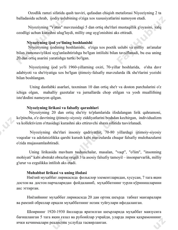 kurashni ulug'laydi, milliy ong uyg'onishini aks ettiradi. niyoziyning ijod yo‘lining boshlanishi niyoziyning ijodining boshlanishi, o'ziga xos poetik uslubi va milliy an'analar bilan zamonaviylikni uyg'unlashtirishga bo'lgan intilishi bilan tavsiflanadi, bu esa uning 20 dan ortiq asarini yaratishga turtki bo'lgan. niyoziyning ijod yo'li 1960-yillarning oxiri, 70-yillar boshlarida, o'sha davr adabiyoti va she'riyatiga xos bo'lgan ijtimoiy-falsafiy mavzularda ilk she'rlarini yozishi bilan boshlangan. uning dastlabki asarlari, taxminan 10 dan ortiq she'r va doston parchalarini o'z ichiga olgan, mahalliy gazetalar va jurnallarda chop etilgan va yosh muallifning iste'dodini namoyon qilgan. niyoziyning lirikasi va falsafiy qarashlari niyoziyning 20 dan ortiq she'riy to'plamlarida ifodalangan lirik qahramoni, ko'pincha, o'z davrining ijtimoiy-siyosiy ziddiyatlarini boshdan kechirgan, individualizm va kollektivizm o'rtasidagi kurashni aks ettiruvchi shaxs sifatida tasvirlanadi. niyoziyning she'rlari insoniy qadriyatlar, 70-80 yillardagi ijtimoiy-siyosiy voqealar va adolatsizlikka qarshi kurash kabi mavzularda chuqur falsafiy mulohazalarni o'zida mujassamlashtiradi. uning lirikasida mavhum tushunchalar, masalan, "vaqt", "o'lim", "insonning mohiyati" kabi abstrakt obrazlar orqali 3 ta …