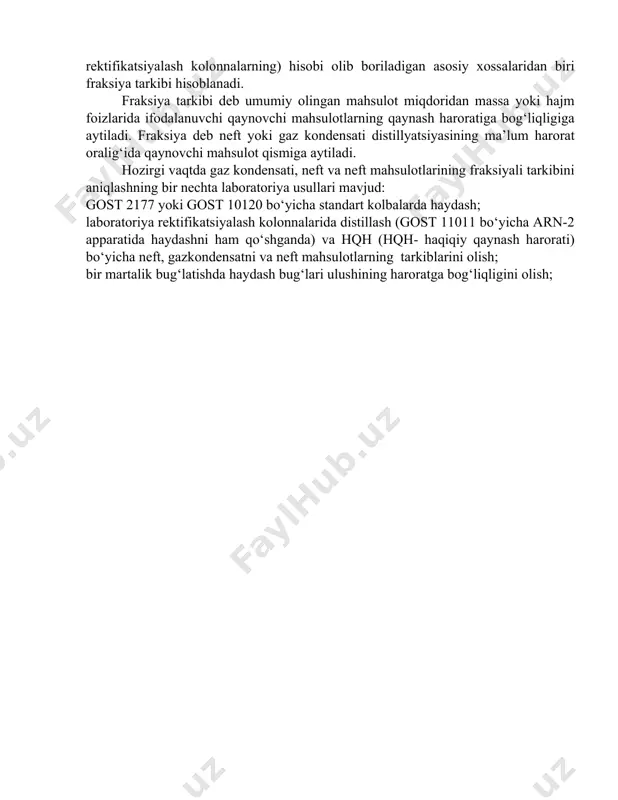 miqdori hisoblanadi. gazning komponent tarkibiga ko‘ra uning keyingi qayta ishlanishi va qo‘llanilishi, shuningdek zichlik, yonish issiqligi (past va yuqori), molekulyar massa, vobbe soni va b.lar kabi tavsiflari aniqlanadi. 6.3 – jadvalda misol tariqasida astraxan gazkondensat koni tabiiy gazining komponent tarkibi keltirilgan. gaz kondensati va uni qayta ishlashning suyuq mahsulotlarining fraksiya tarkibi gaz kondensati va neftning uning neftni qayta ishlash zavodlarida keyingi qayta ishlash yo‘nalishlari tanlanadigan va apparaturalarning (xususan, rektifikatsiyalash kolonnalarning) hisobi olib boriladigan asosiy xossalaridan biri fraksiya tarkibi hisoblanadi. fraksiya tarkibi deb umumiy olingan mahsulot miqdoridan massa yoki hajm foizlarida ifodalanuvchi qaynovchi mahsulotlarning qaynash haroratiga bog‘liqligiga aytiladi. fraksiya deb neft yoki gaz kondensati distillyatsiyasining ma’lum harorat oralig‘ida qaynovchi mahsulot qismiga aytiladi. hozirgi vaqtda gaz kondensati, neft va neft mahsulotlarining fraksiyali tarkibini aniqlashning bir nechta laboratoriya usullari mavjud: gost 2177 yoki gost 10120 bo‘yicha standart kolbalarda haydash; laboratoriya rektifikatsiyalash kolonnalarida distillash (gost 11011 bo‘yicha arn-2 apparatida haydashni ham qo‘shganda) va hqh …