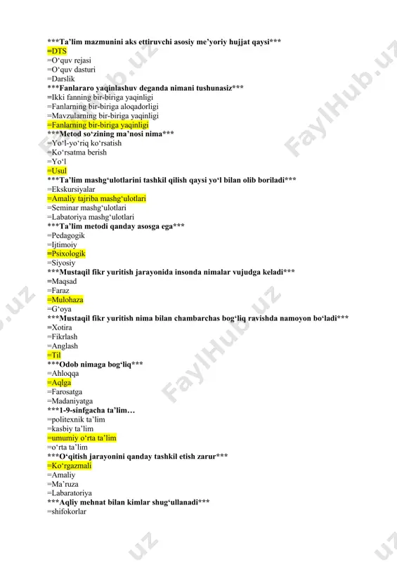ligi =fanlarning bir-biriga yaqinligi ***metod so‘zining ma’nosi nima*** =yo‘l-yo‘riq ko‘rsatish =ko‘rsatma berish =yo‘l =usul ***ta’lim mashg‘ulotlarini tashkil qilish qaysi yo‘l bilan olib boriladi*** =ekskursiyalar =amaliy tajriba mashg‘ulotlari =seminar mashg‘ulotlari =labatoriya mashg‘ulotlari ***ta’lim metodi qanday asosga ega*** =pedagogik =ijtimoiy =psixologik =siyosiy ***mustaqil fikr yuritish jarayonida insonda nimalar vujudga keladi*** =maqsad =faraz =mulohaza =g‘oya ***mustaqil fikr yuritish nima bilan chambarchas bog‘liq ravishda namoyon bo‘ladi*** =xotira =fikrlash =anglash =til ***odob nimaga bog‘liq*** =ahloqqa =aqlga =farosatga =madaniyatga ***1-9-sinfgacha ta’lim… =politexnik ta’lim =kasbiy ta’lim =umumiy o‘rta ta’lim =o‘rta ta’lim ***o‘qitish jarayonini qanday tashkil etish zarur*** =ko‘rgazmali =amaliy =ma’ruza =labaratoriya ***aqliy mehnat bilan kimlar shug‘ullanadi*** =shifokorlar =olimlar =quruvchilar =sotuvchilar ***sinf deganda nimani tushunisiz*** =ўқувчиларга таълим бериладиган ў‘quv xonasi =dars tayyorlaydigan xona =yoshi va bilim darajasi bir xil bo‘lgan o‘quvchilar guruhi =o‘quvchilar guruhi ***reyting deganda nimani tushunasiz*** =klassifikatsiyalash =baholash =bironta hodisani oldindan belgilash =tartibga keltirish ***pedagoglik kasbini tanlagan kishi qanday shaxsiy fazilatlarga ega bo‘lishi kerak*** =sog‘lom bo‘lishi, …