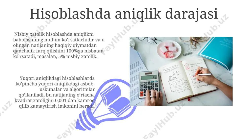 r mavjud. kvant hisoblash texnologiyalari, 2^n qubitlarni ishlatib, klassik kompyuterlar uchun imkonsiz bo'lgan murakkab hisoblashlarni, masalan, faktorizatsiya muammolarini tezroq yechishga imkon beradi. hisoblashda xatoliklar va ularni kamaytirish katta hajmdagi ma'lumotlarni qayta ishlashda, ya'ni 1000 dan ortiq kuzatuvlar bilan, statistik xatoliklarni minimallashtirish uchun standart og'ishish va ishonch oralig'idan foydalanish tavsiya etiladi. hisoblashda nisbiy xatolik 5% dan oshmasligi uchun o'lchov vositalarining aniqligi va o'lchov usullarining to'g'riligini ta'minlash muhim, chunki bu natijaning ishonchliligini oshiradi. baholash va hisoblash tushunchalari 01 02 baholash va hisoblash jarayonlarida 10% dan ortiq xatolikka yo'l qo'ymaslik uchun aniq o'lchov vositalaridan va matematik formulalardan foydalanish muhim hisoblanadi, natijalarni tekshirish esa ishonchlilikni oshiradi. sales 1st qtr 2nd qtr 100 0 sales 1st qtr 2nd qtr 100 0 e'tiboringiz uchun rahmat @taqdimot_robot image4.jpg image5.jpg image6.jpg image7.jpg image8.jpg image9.jpg image10.jpg image11.jpg image12.jpg image13.jpg image14.jpg image15.jpg image1.jpeg image2.jpeg image3.jpeg
